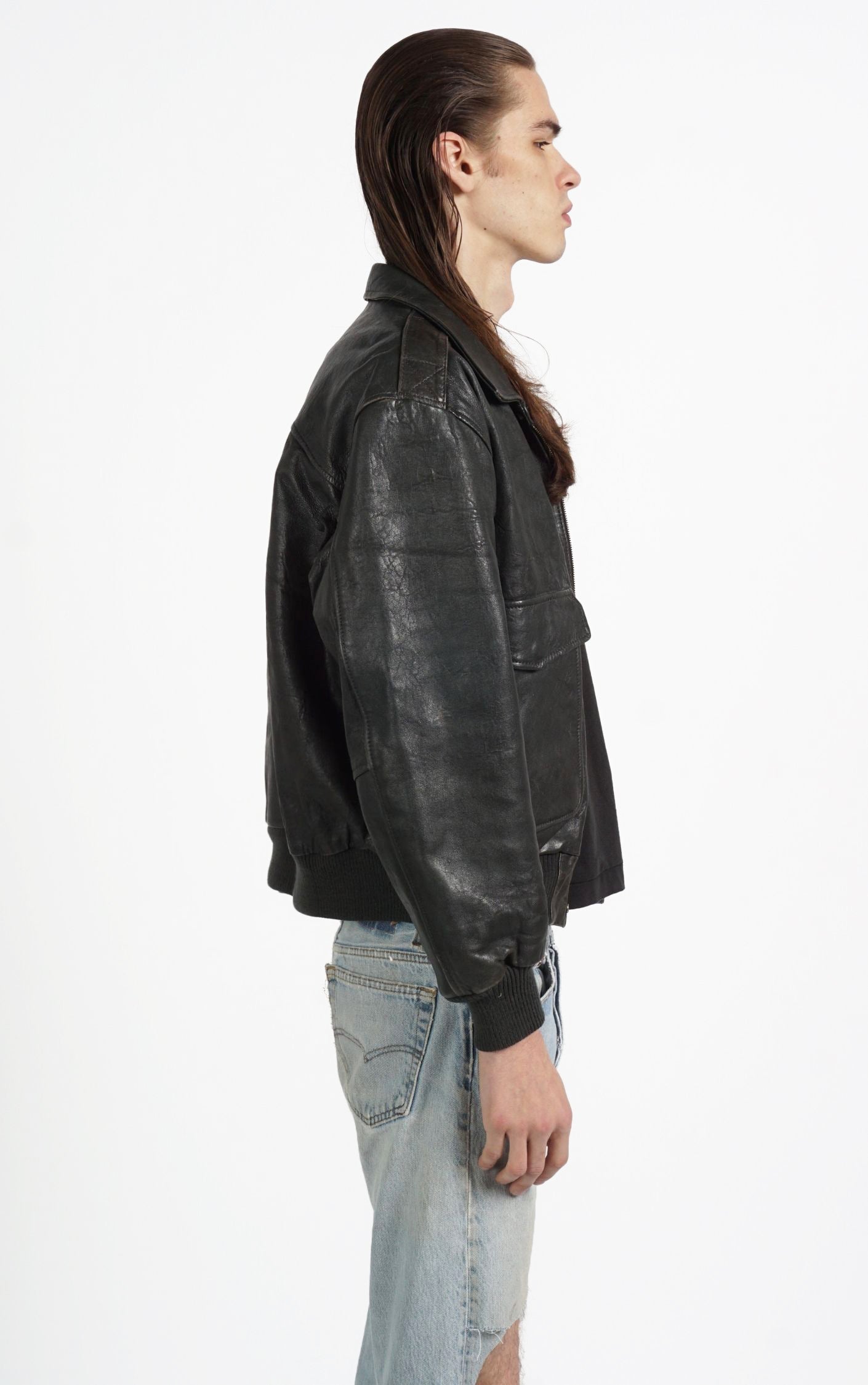 VINTAGE Dark Gray Faded Leather Aviator Style Pockets Grunge Jacket resellum