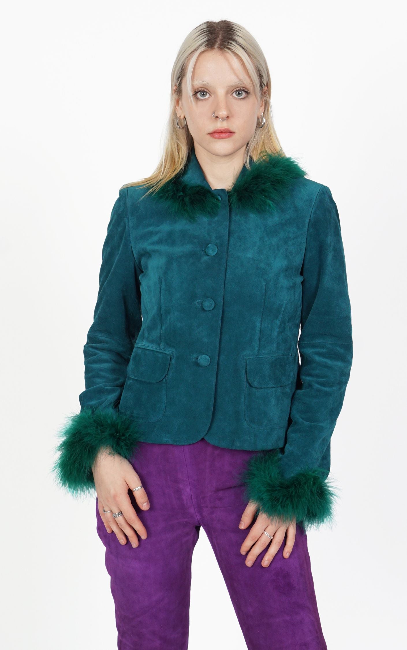 VINTAGE Emerald Green Suede Ostrich Feather Jacket resellum