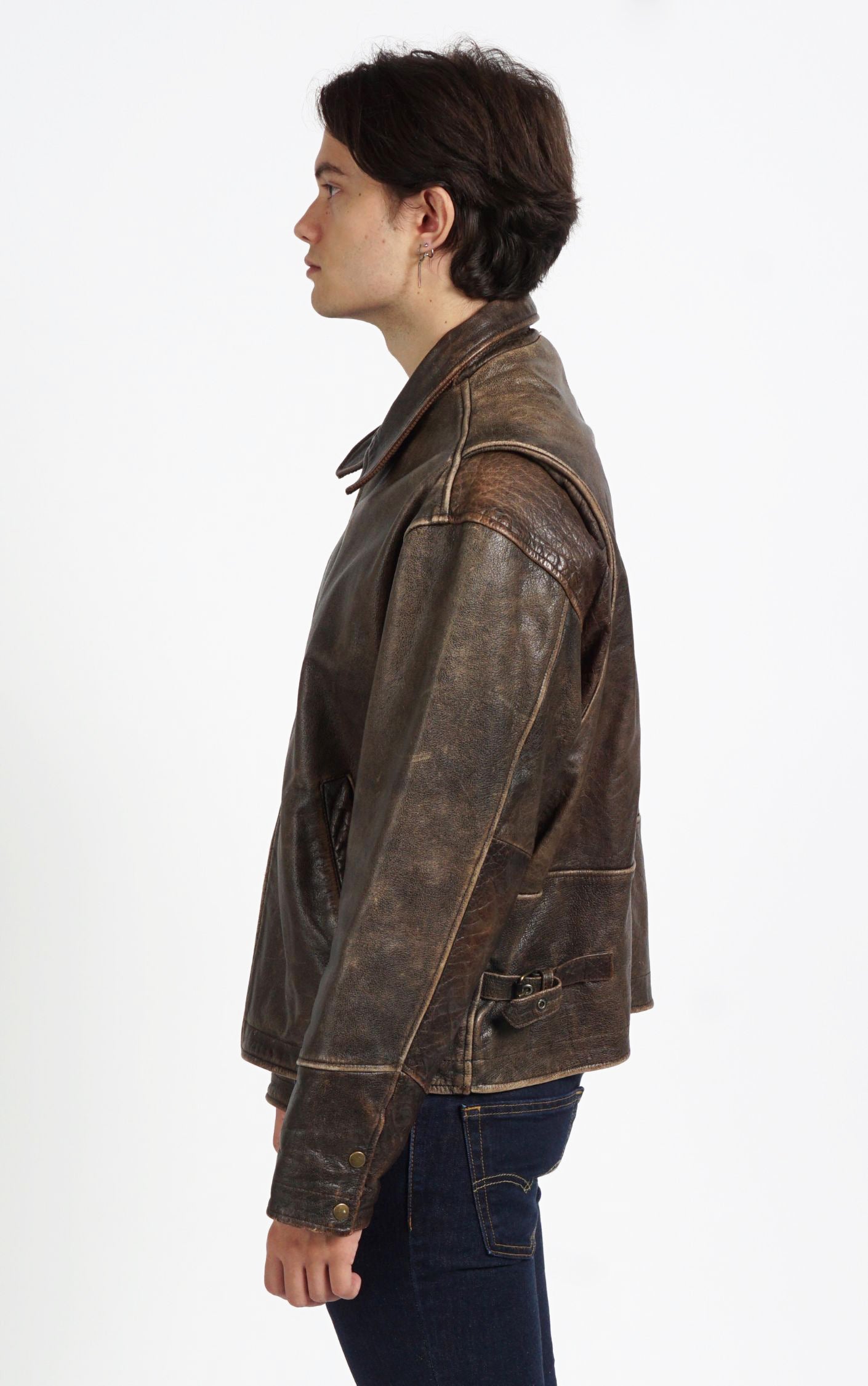 VINTAGE Faded Leather Brown Grunge Moto Oversized Jacket resellum