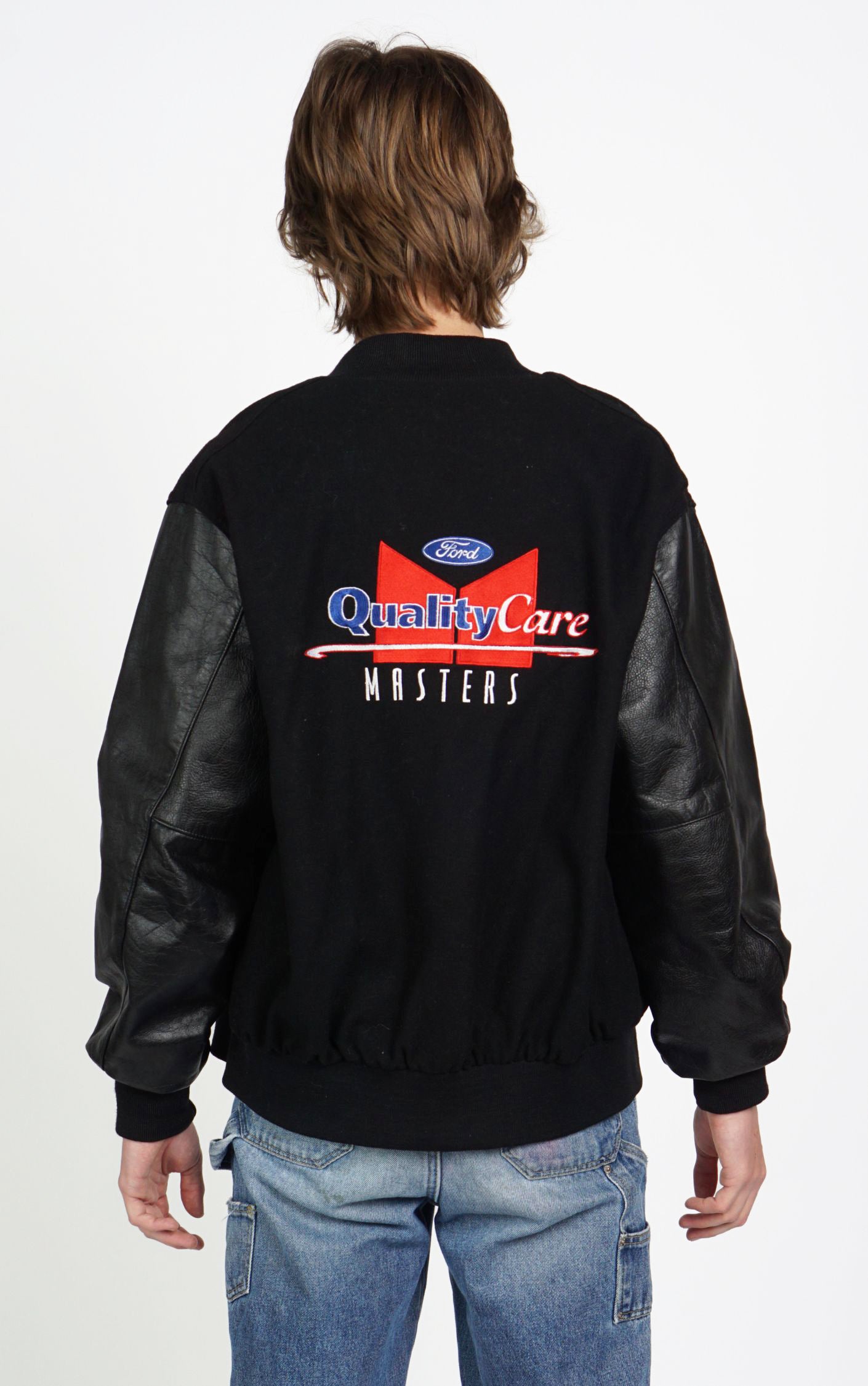 VINTAGE Ford Masters Leather Sleeves Bomber Jacket resellum
