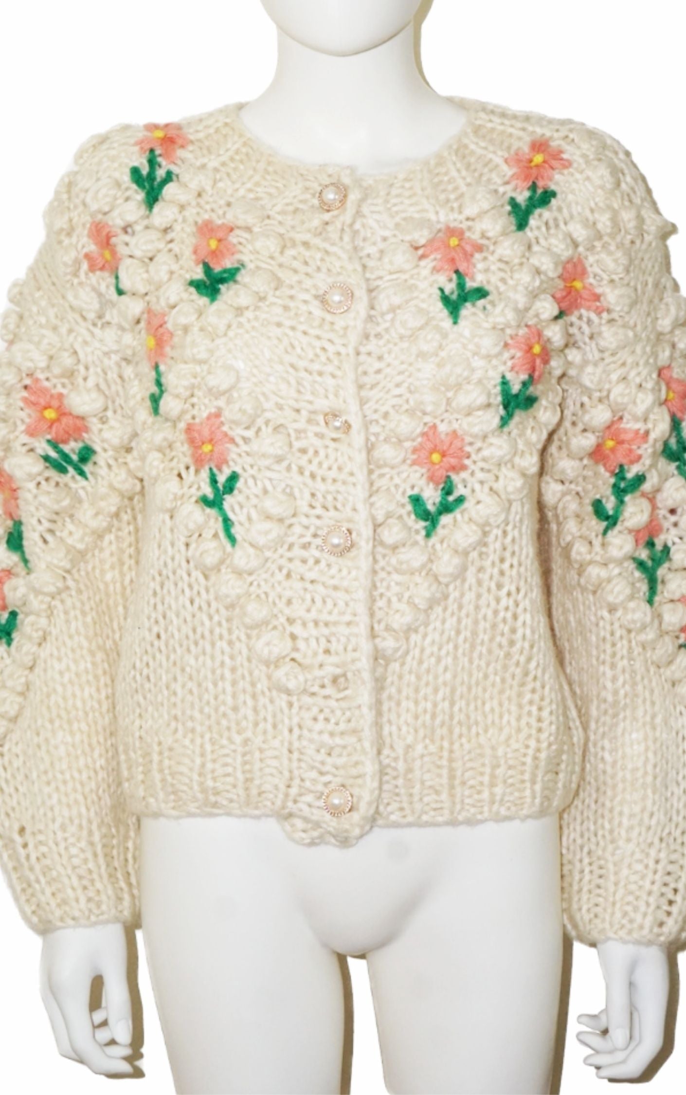 VINTAGE Hand Knit Floral Chunky Puff Sleeve Cardigan RESELLUM