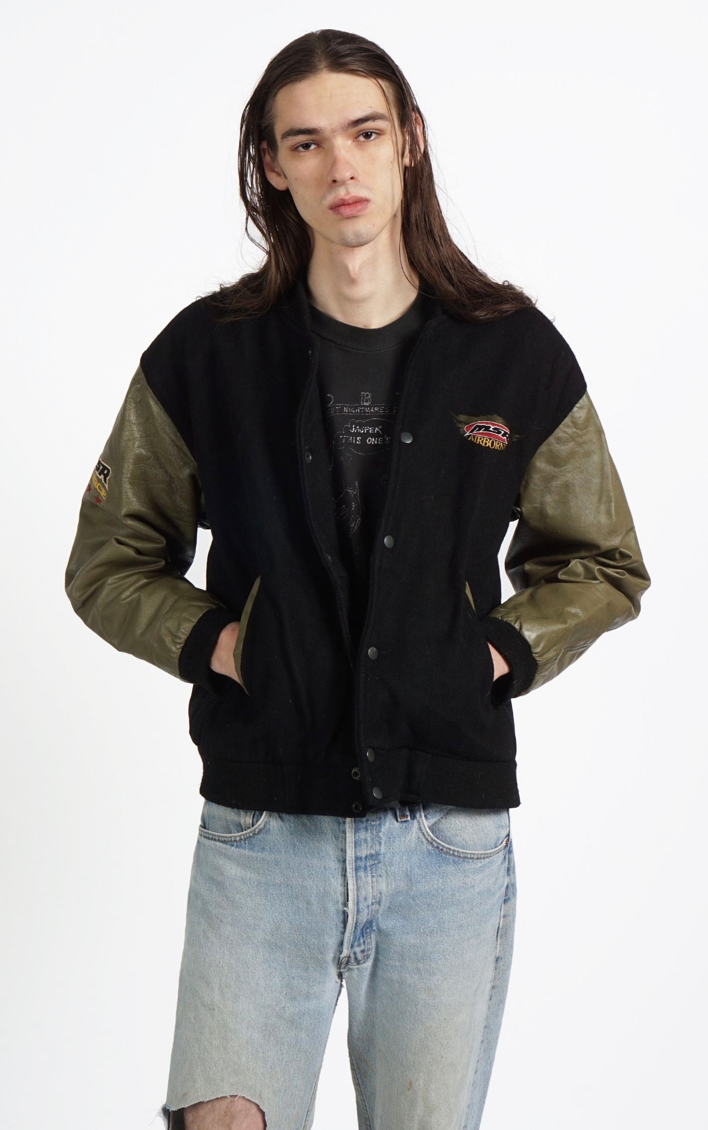 VINTAGE MSR Airborne Race Leather Sleeves Bomber Jacket resellum