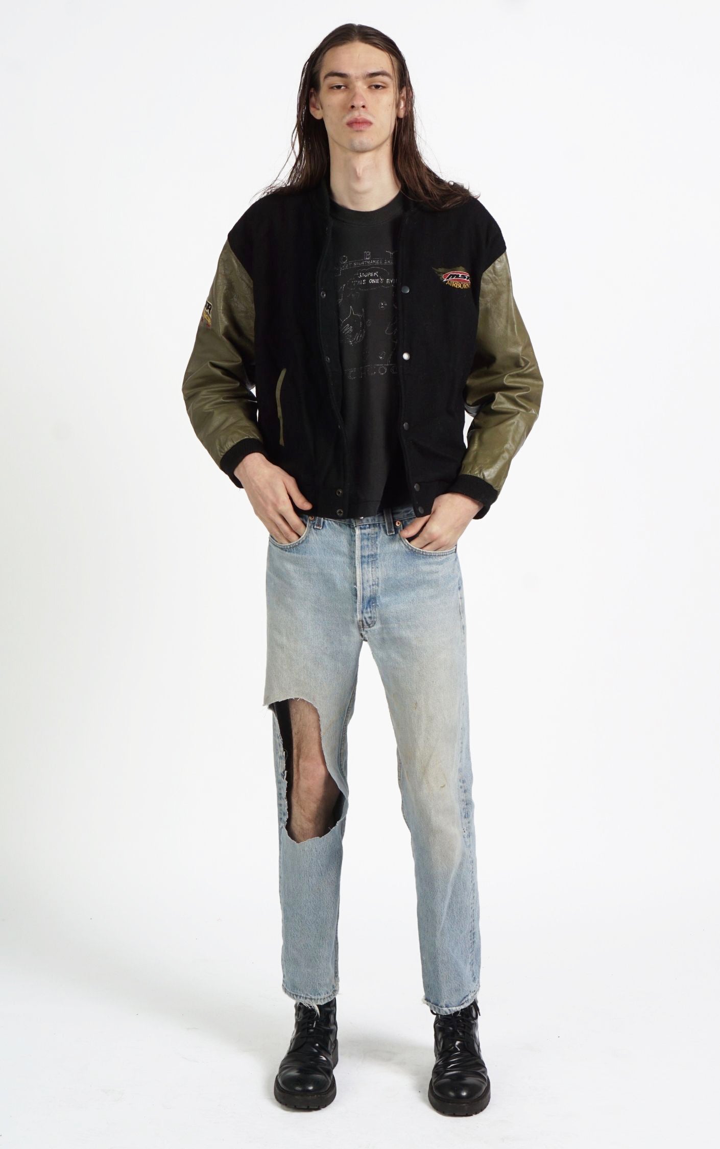 VINTAGE MSR Airborne Race Leather Sleeves Bomber Jacket resellum