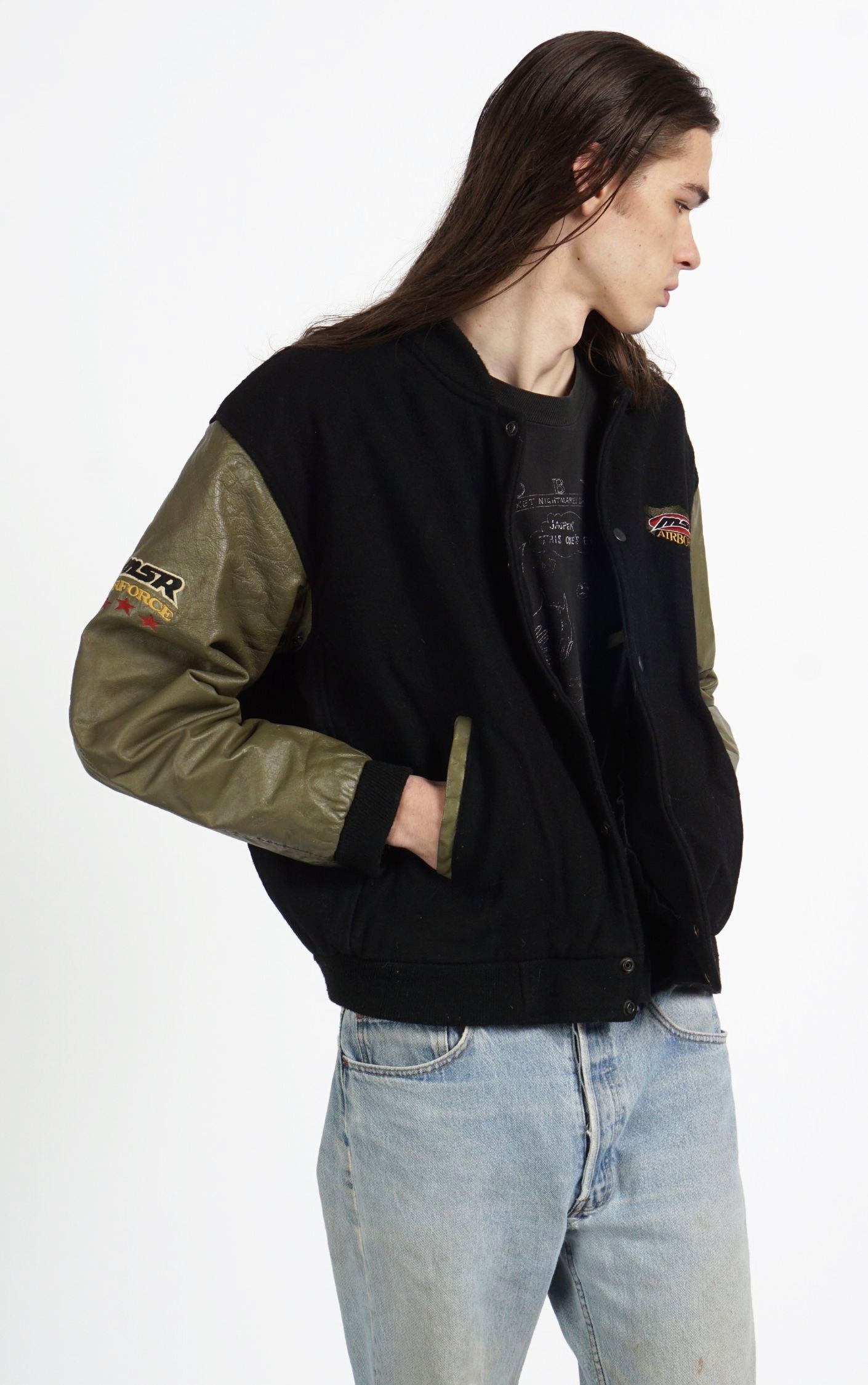 VINTAGE MSR Airborne Race Leather Sleeves Bomber Jacket resellum