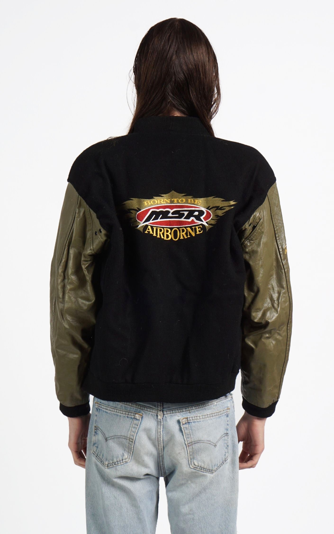 VINTAGE MSR Airborne Race Leather Sleeves Bomber Jacket resellum