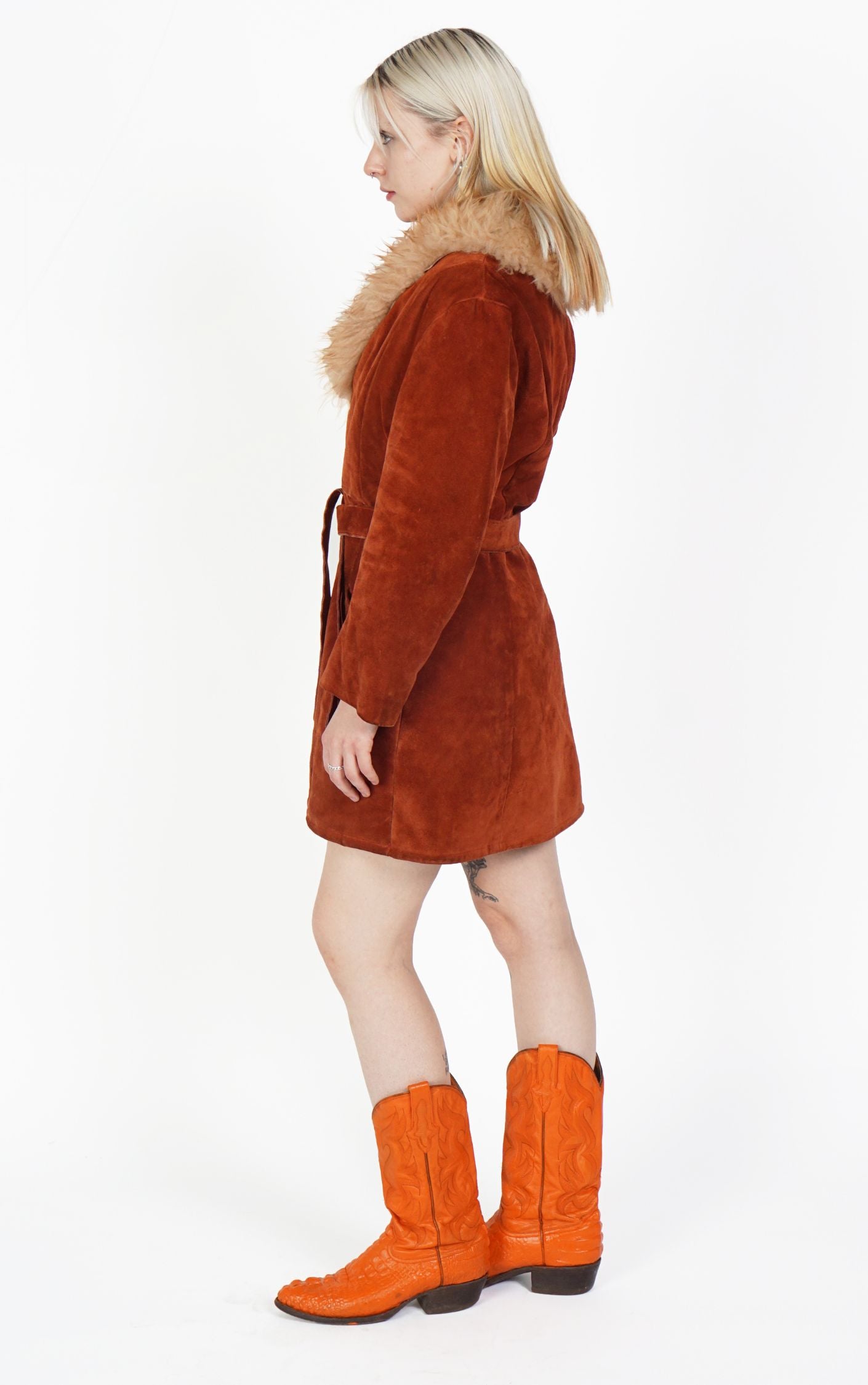 VINTAGE Orange Suede Boho Fur Collar Penny Lane Coat resellum