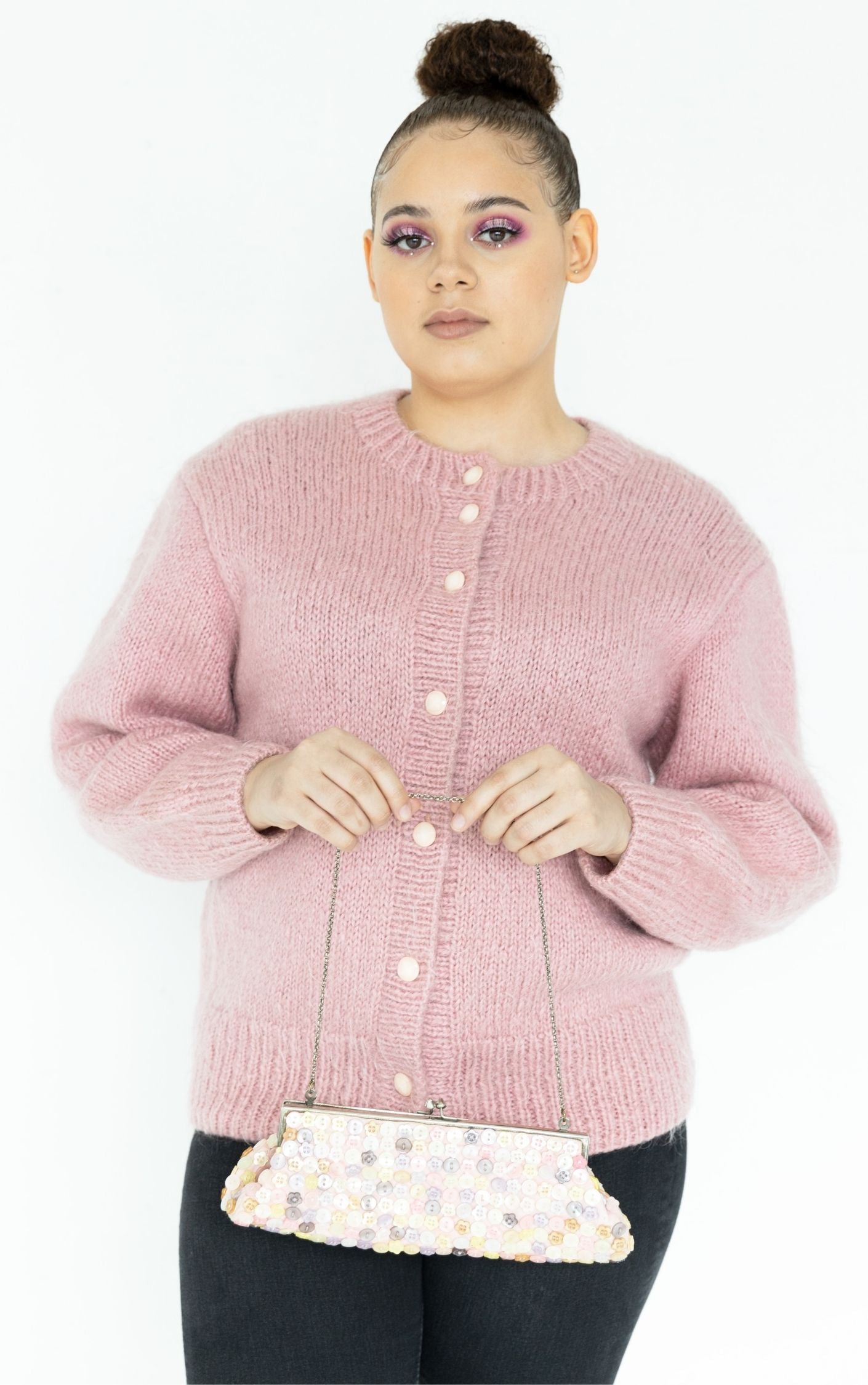 VINTAGE Pink Angora Fuzzy Puff Sleeve Cardigan RESELLUM
