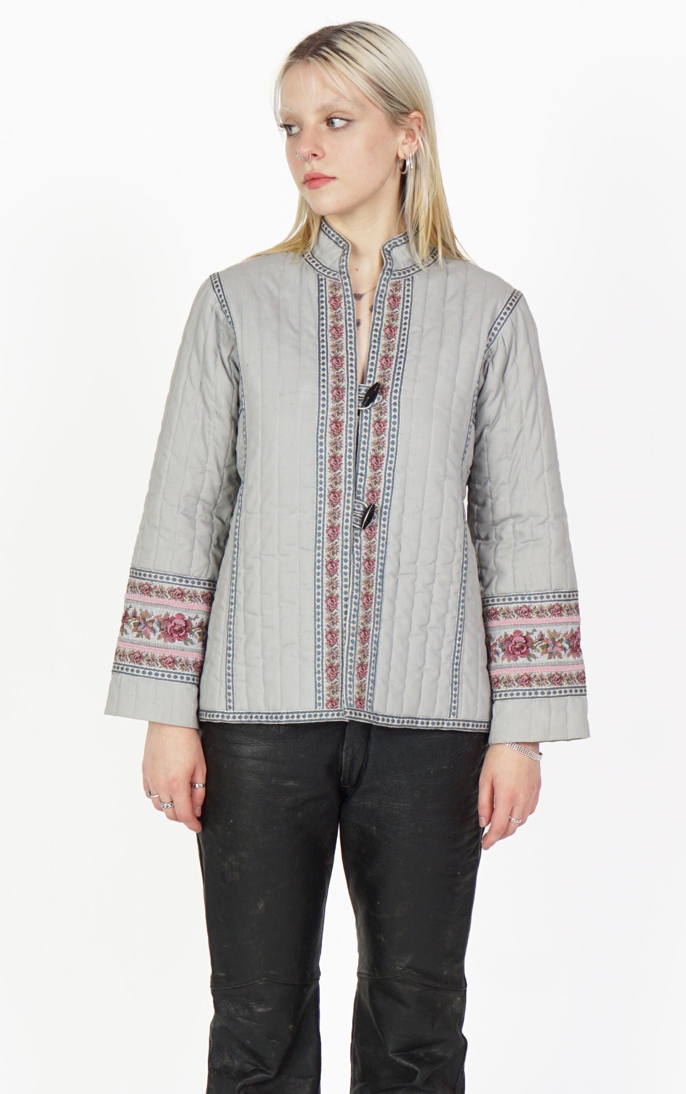 VINTAGE Quilted Stamped Padded Floral Folk Boho Jacket resellum