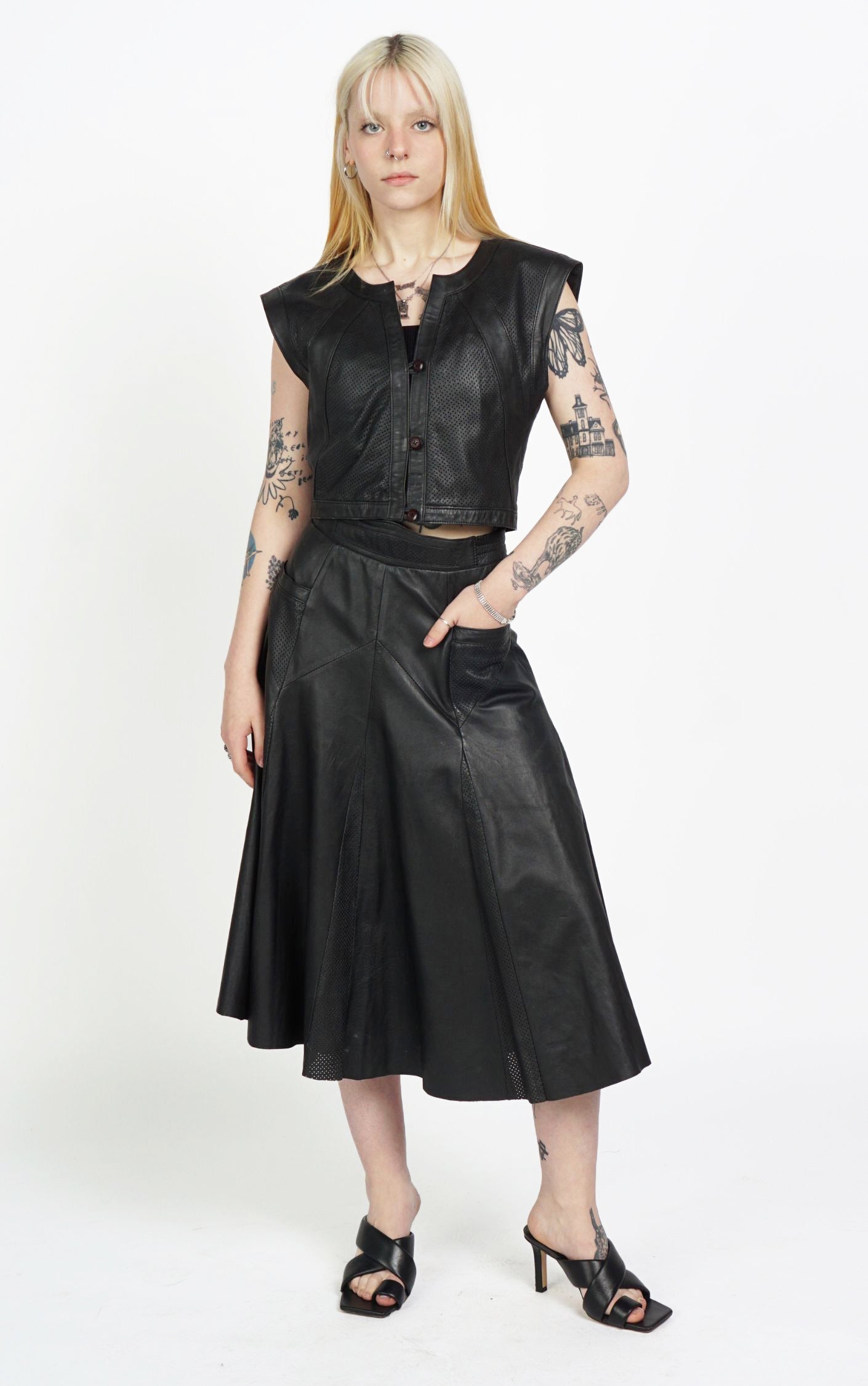 VINTAGE Real Leather Black Top Midi Skirt Set Suit resellum