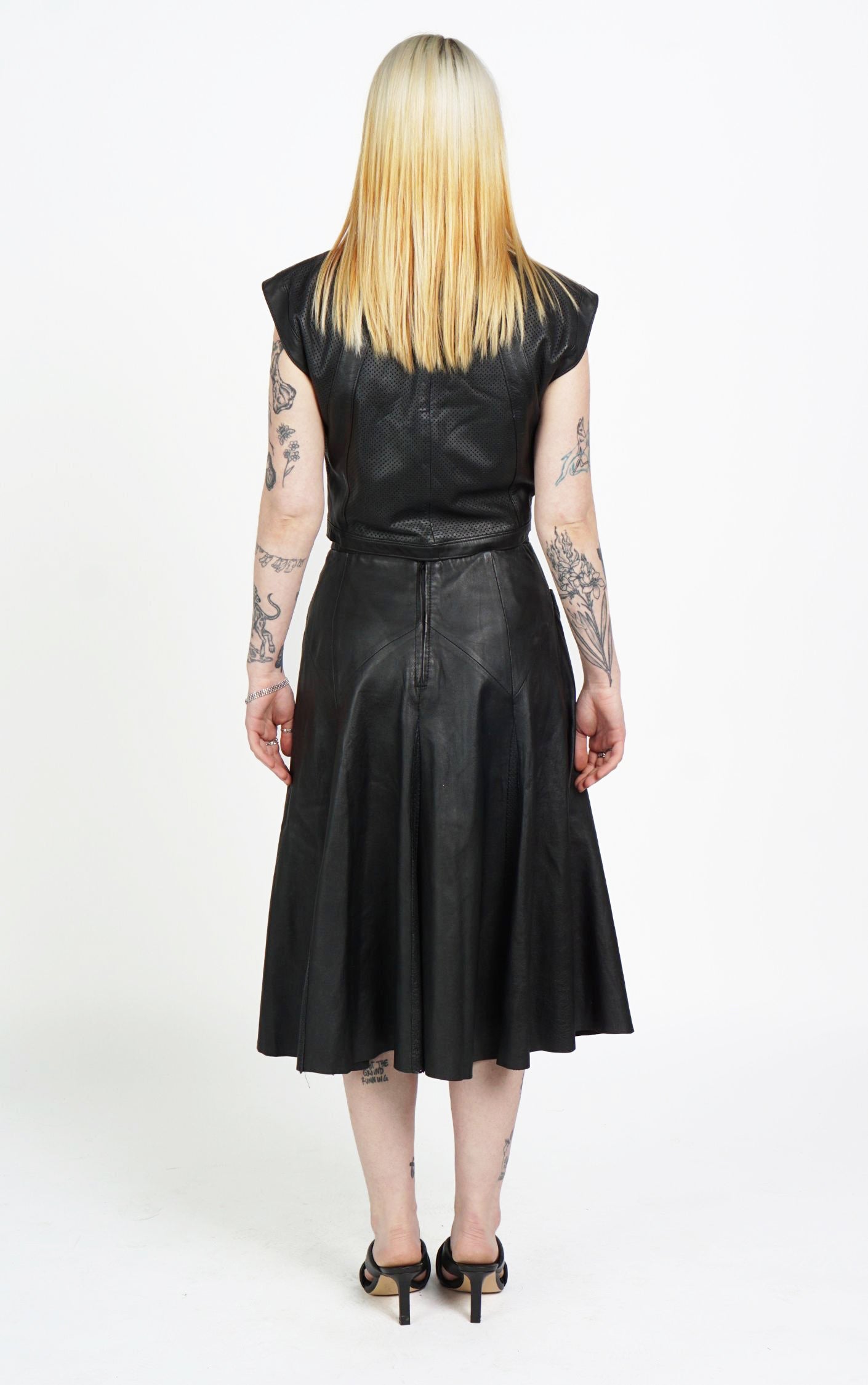 VINTAGE Real Leather Black Top Midi Skirt Set Suit resellum