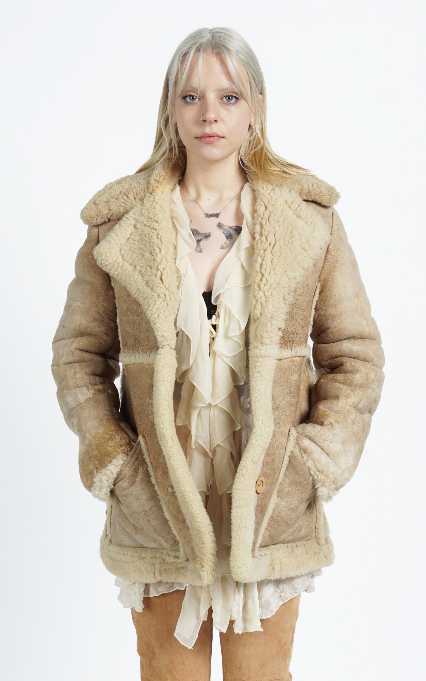 VINTAGE Sheepskin Shearling Sherpa Leather Aviator Style Jacket Coat resellum