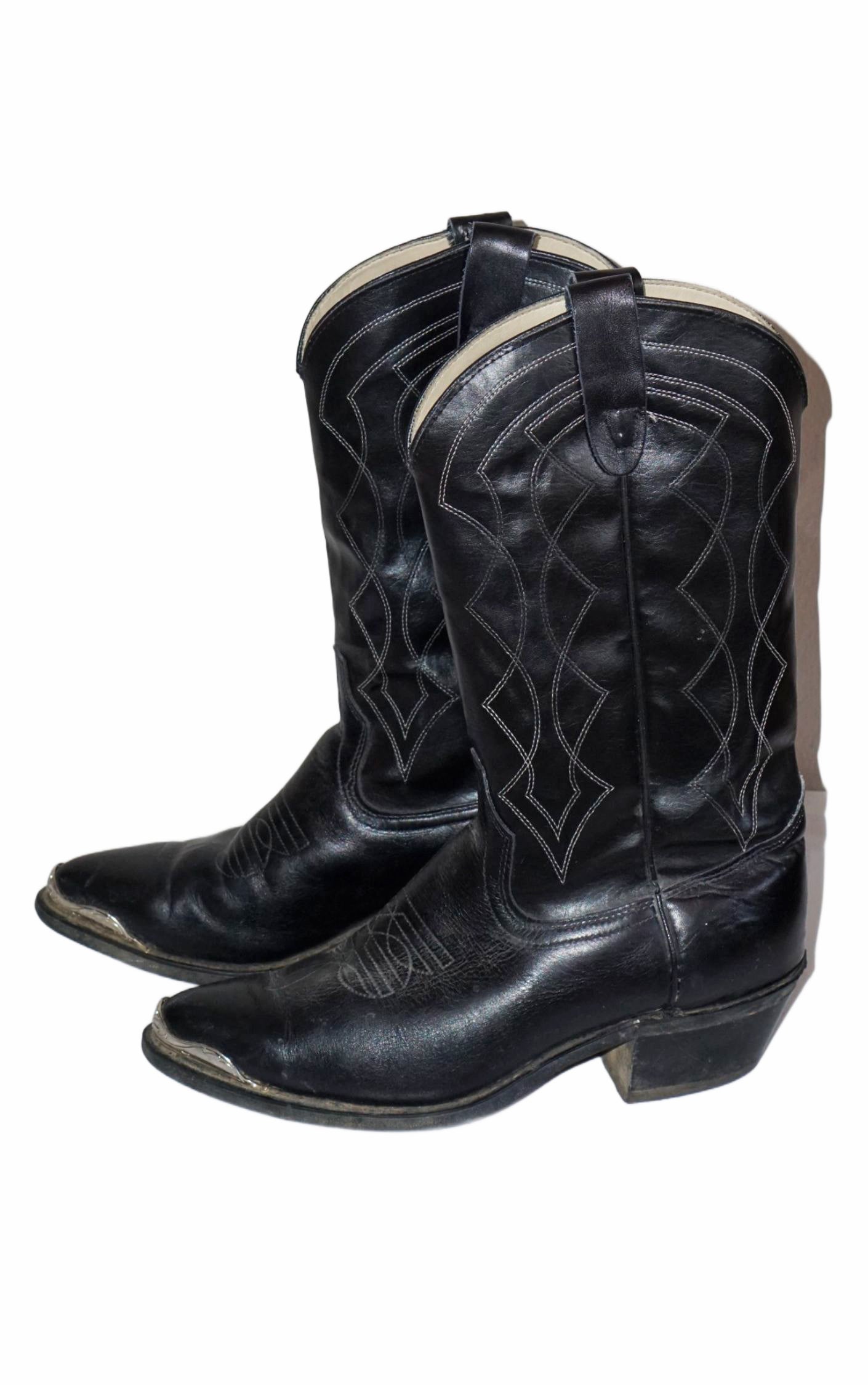 VINTAGE Texas Black Leather Metal Tips Western Cowboy Boots resellum