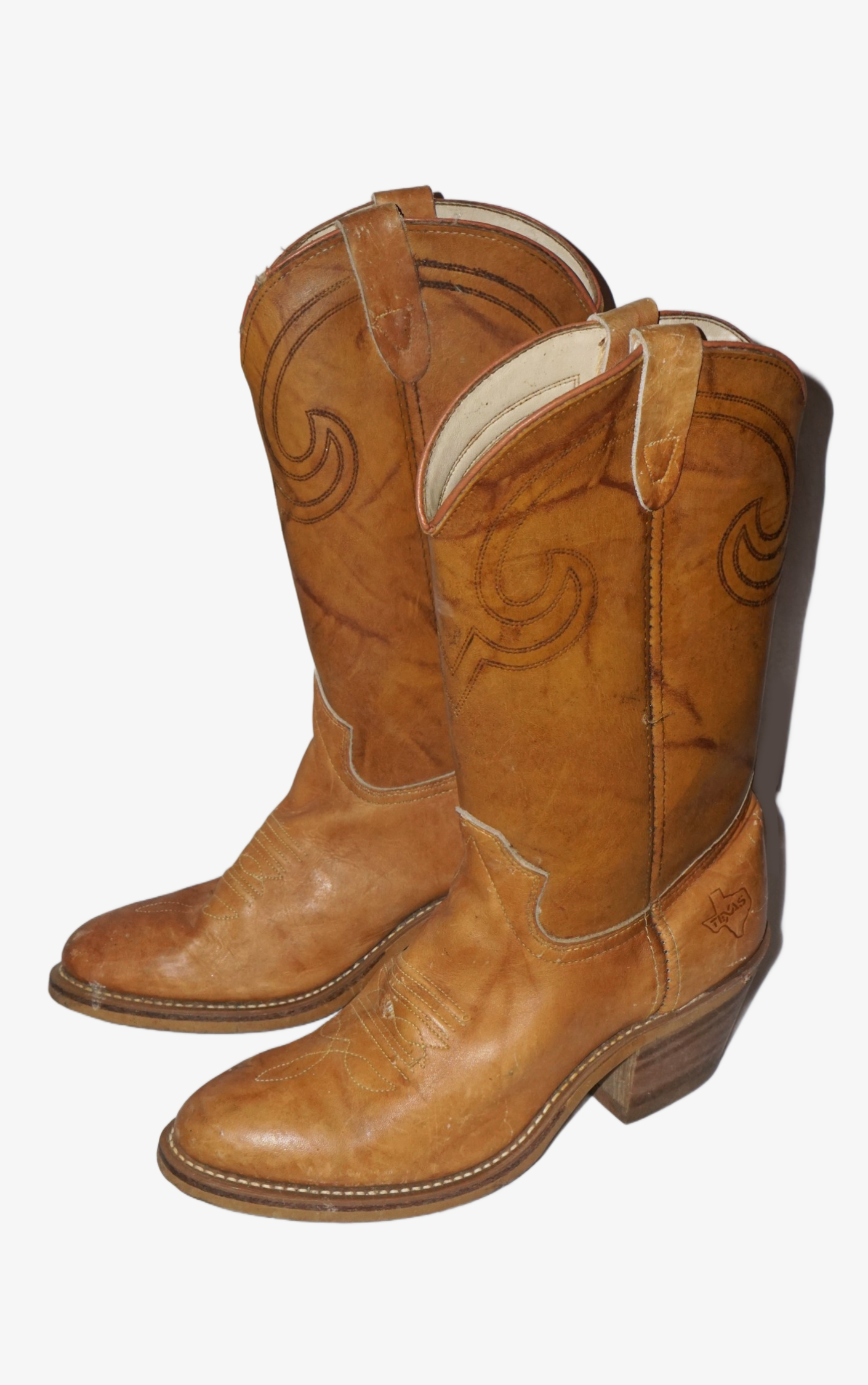 VINTAGE Texas Camel Brown Leather Western Cowboy Boots US 8.5 resellum