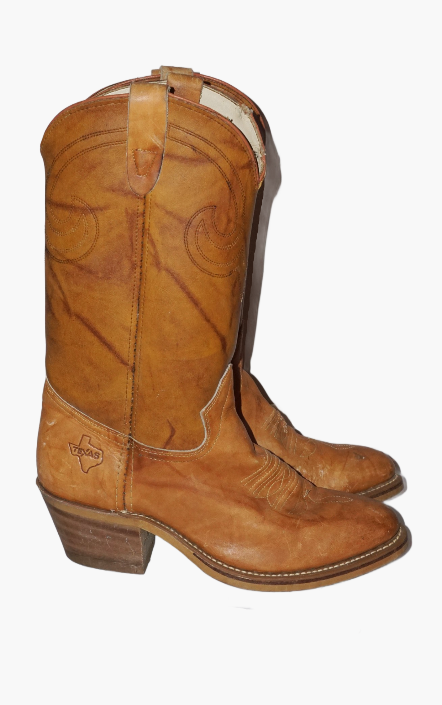 VINTAGE Texas Camel Brown Leather Western Cowboy Boots US 8.5 resellum