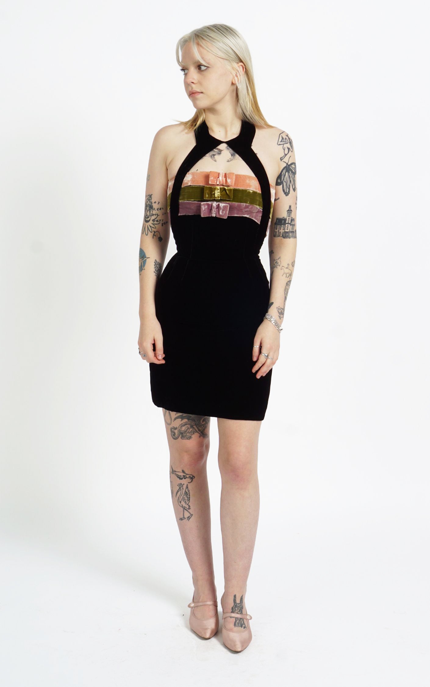 VINTAGE Velvet Multi Bow Halter Neck Tailored Mini Dress resellum