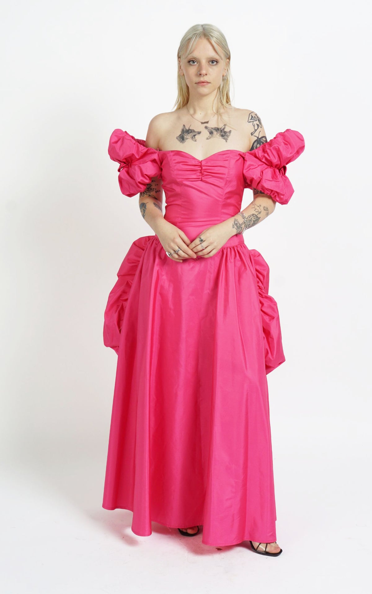 VINTAGE Victorian Barbiecore Hot Pink Puff Sleeve Ruffled Ball Gown Dress