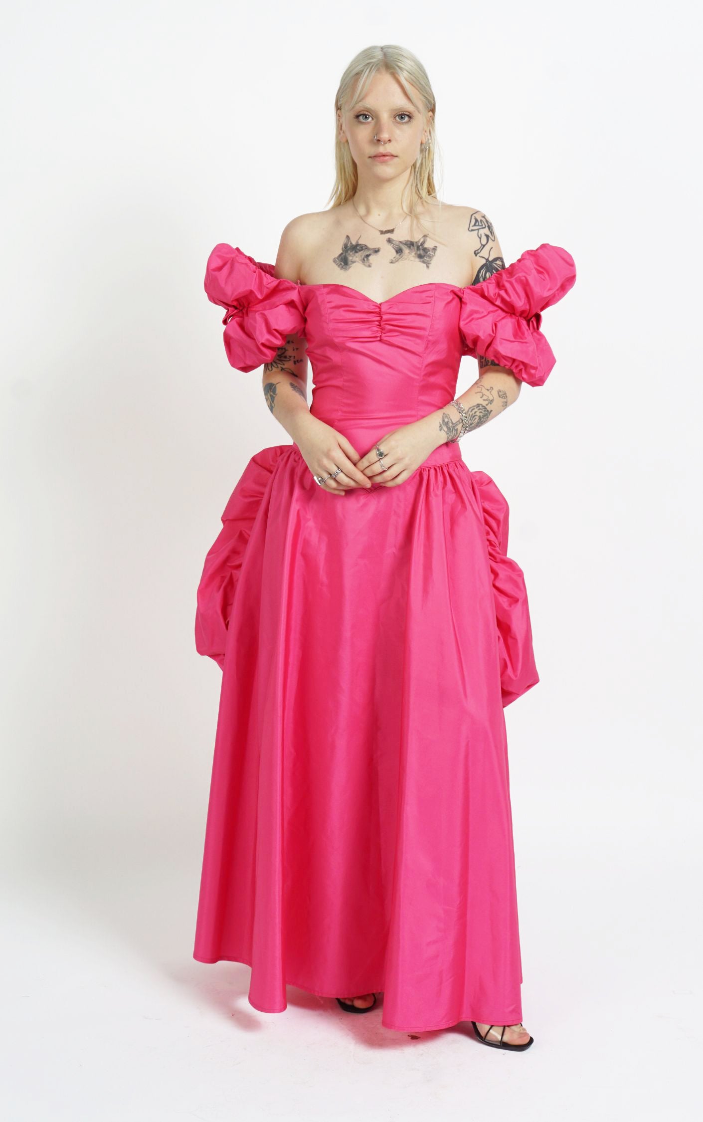 VINTAGE Victorian Hot Pink Puff Sleeve Ruffled Ball Gown Maxi Dress resellum
