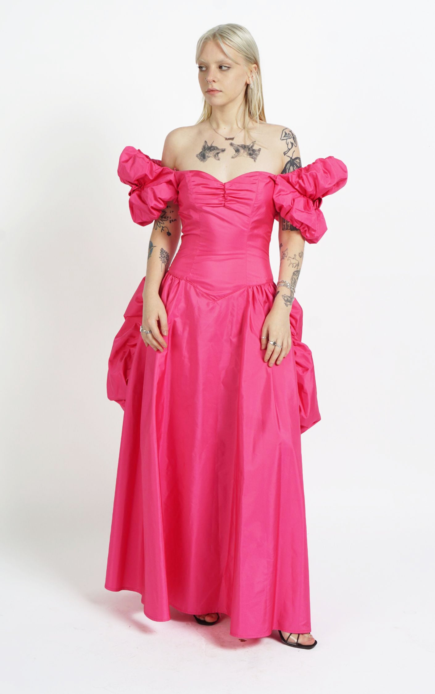 VINTAGE Victorian Hot Pink Puff Sleeve Ruffled Ball Gown Maxi Dress resellum