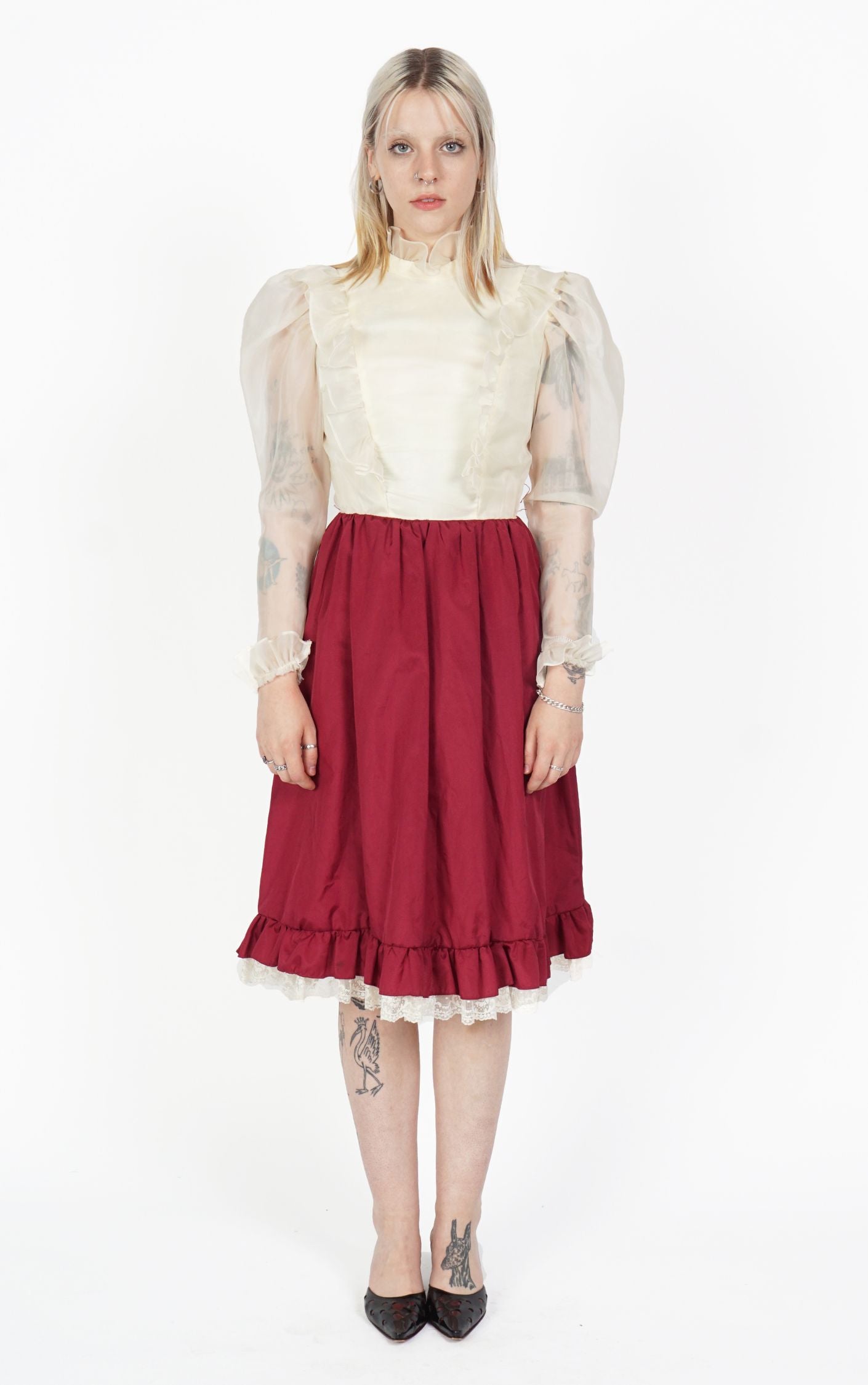 VINTAGE Victorian Burgundy Sheer Puff Sleeve Ruffle Mock Neck Dress resellum