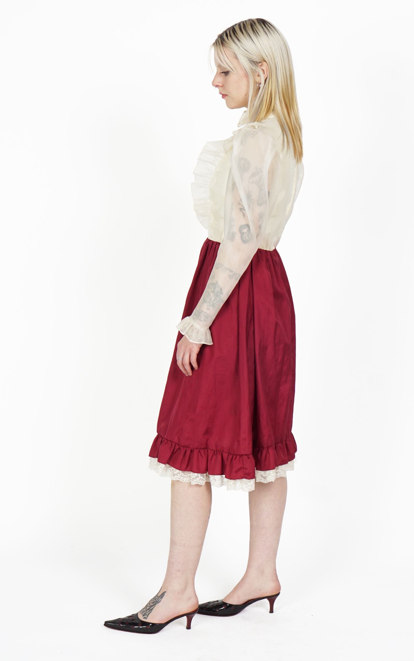 VINTAGE Victorian Burgundy Sheer Puff Sleeve Ruffle Mock Neck Dress resellum