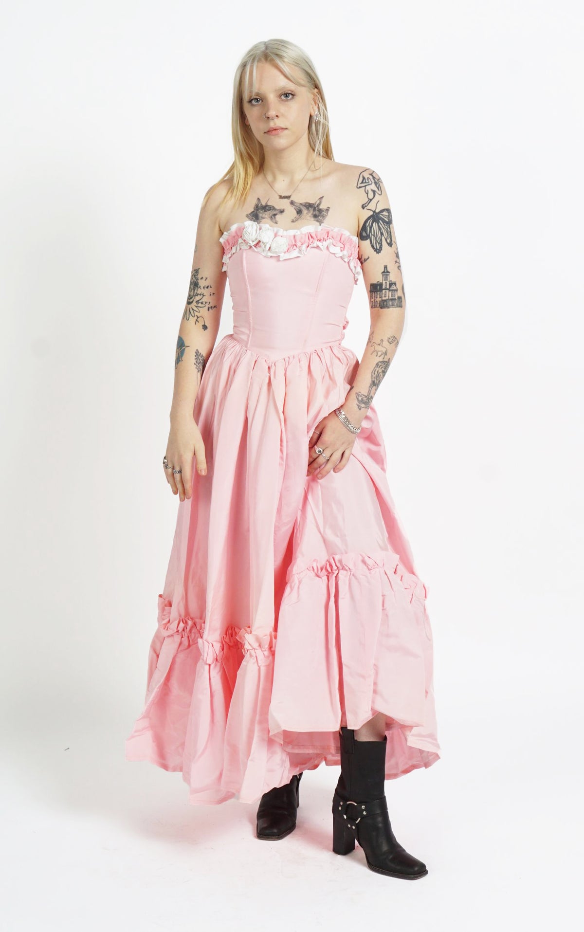 VINTAGE Victorian Pink Ruffled Open Shoulders Babydoll Maxi Dress