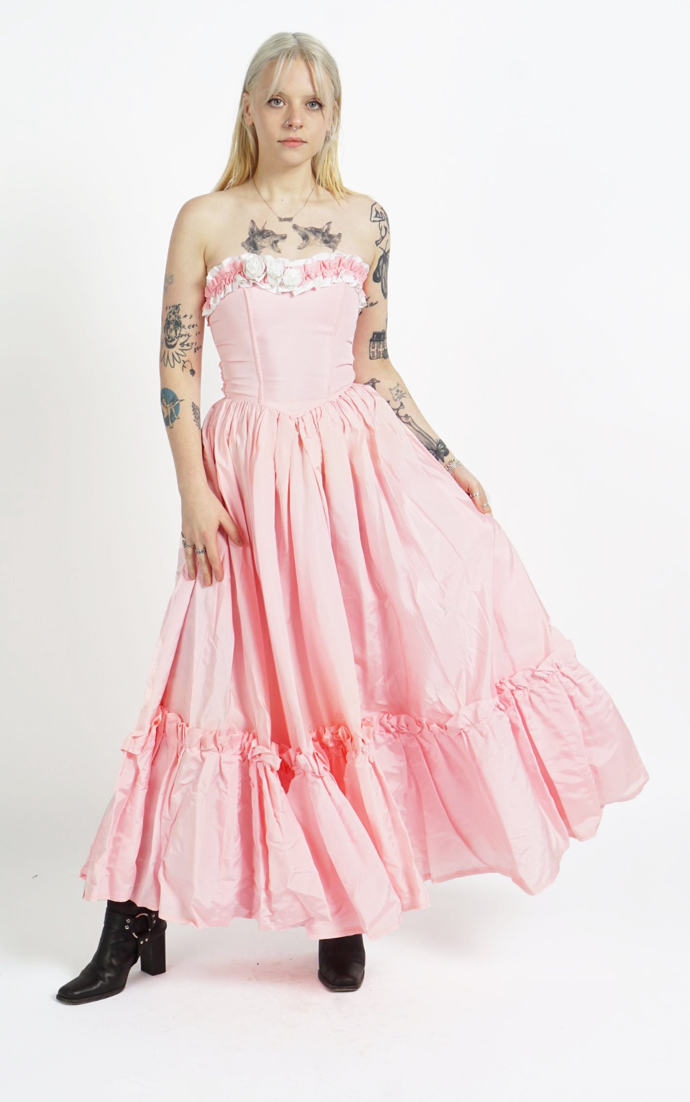 VINTAGE Victorian Pink Ruffled Open Shoulders Babydoll Maxi Dress resellum