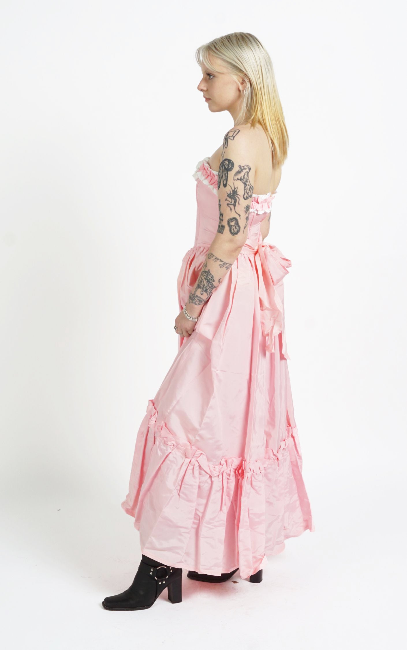 VINTAGE Victorian Pink Ruffled Open Shoulders Babydoll Maxi Dress resellum