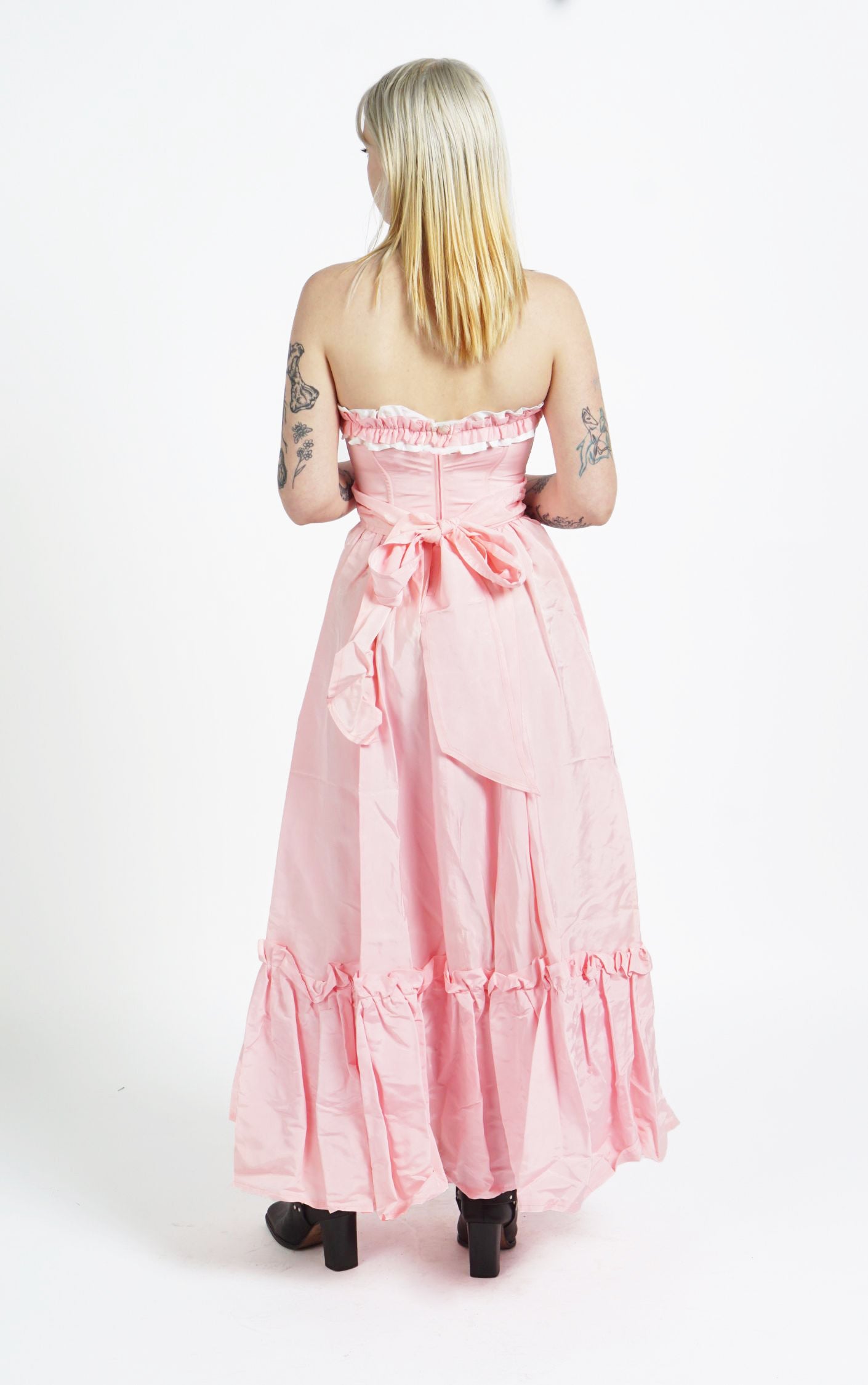 VINTAGE Victorian Pink Ruffled Open Shoulders Babydoll Maxi Dress resellum