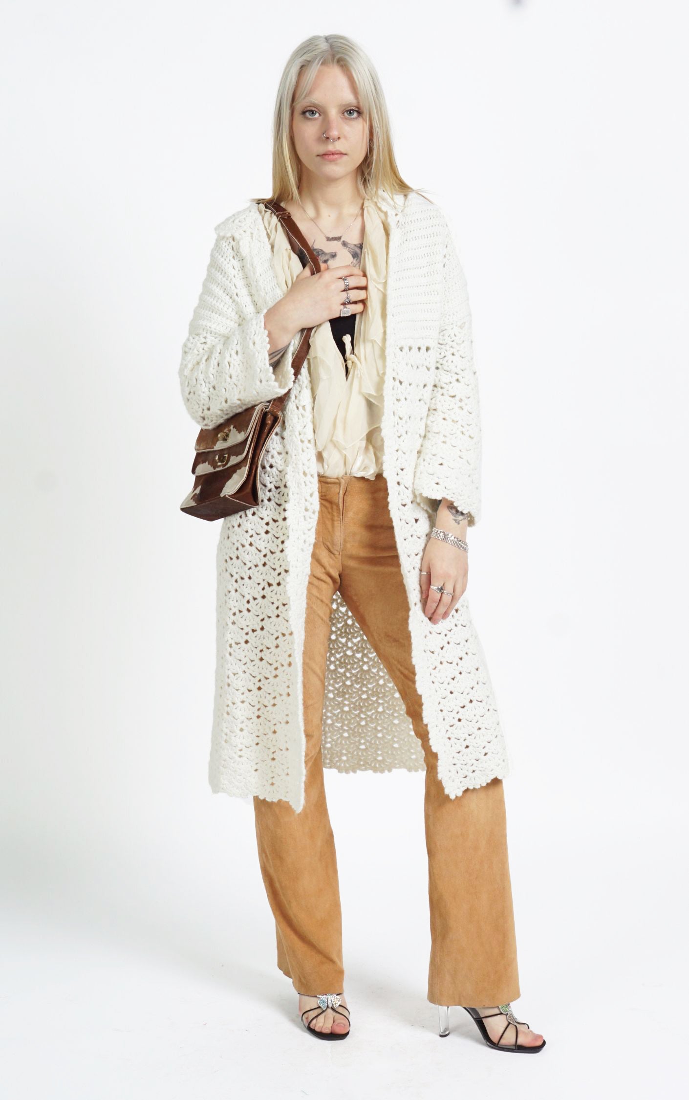 VINTAGE White Crochet Knitted Boho Long Cardigan resellum