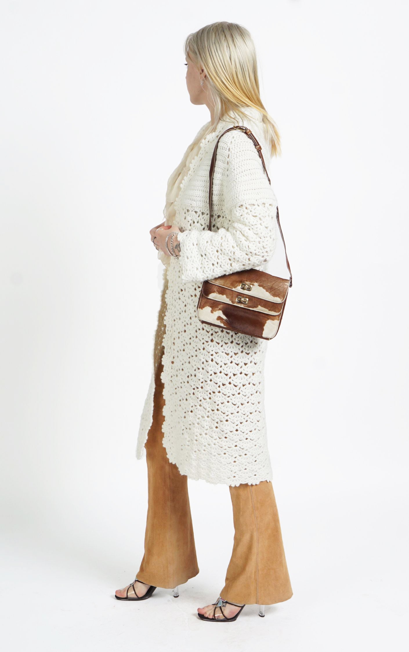 VINTAGE White Crochet Knitted Boho Long Cardigan resellum