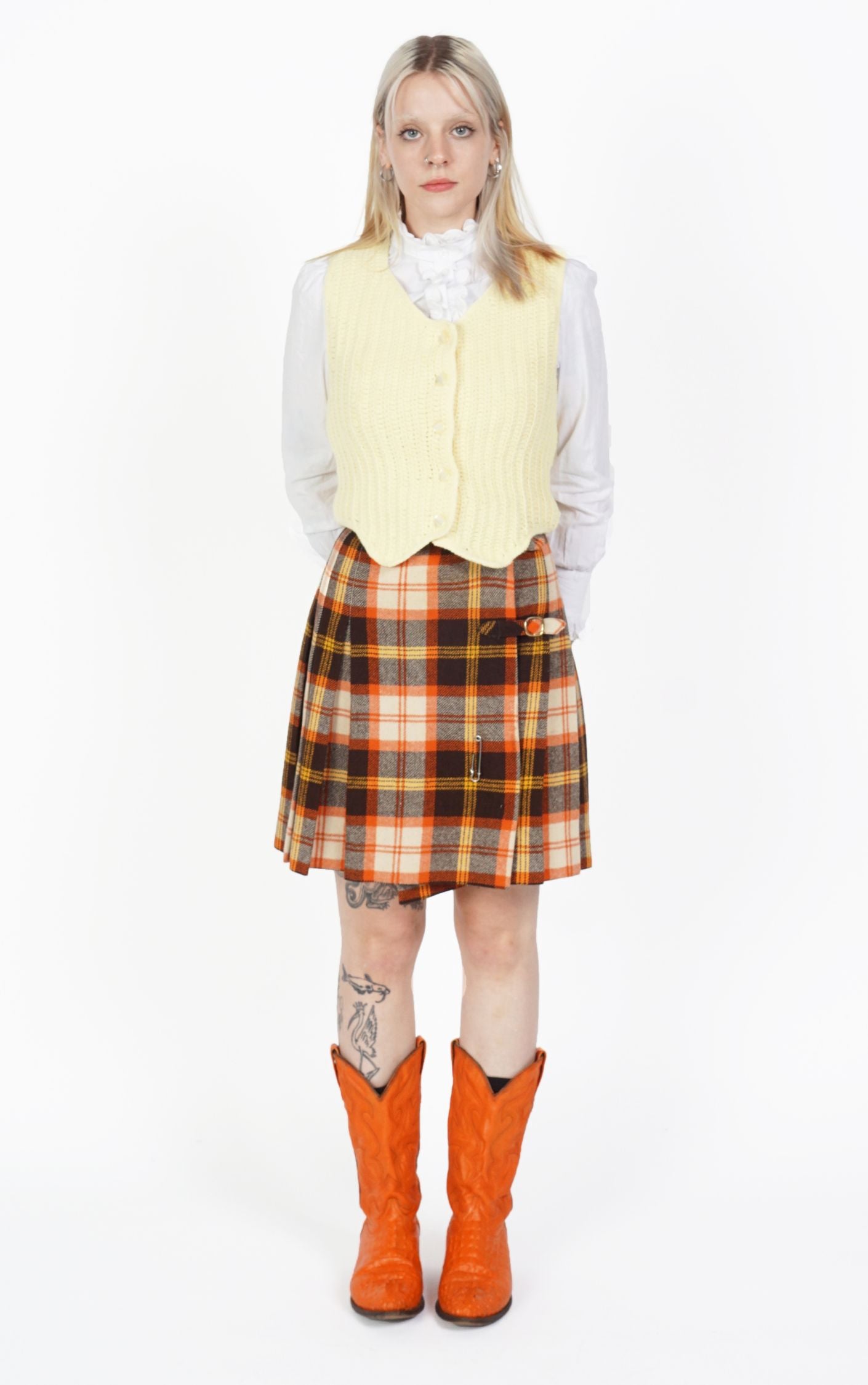 VINTAGE Wool Orange Tartan Plaid Pleated Preppy A-Line Mini Skirt resellum