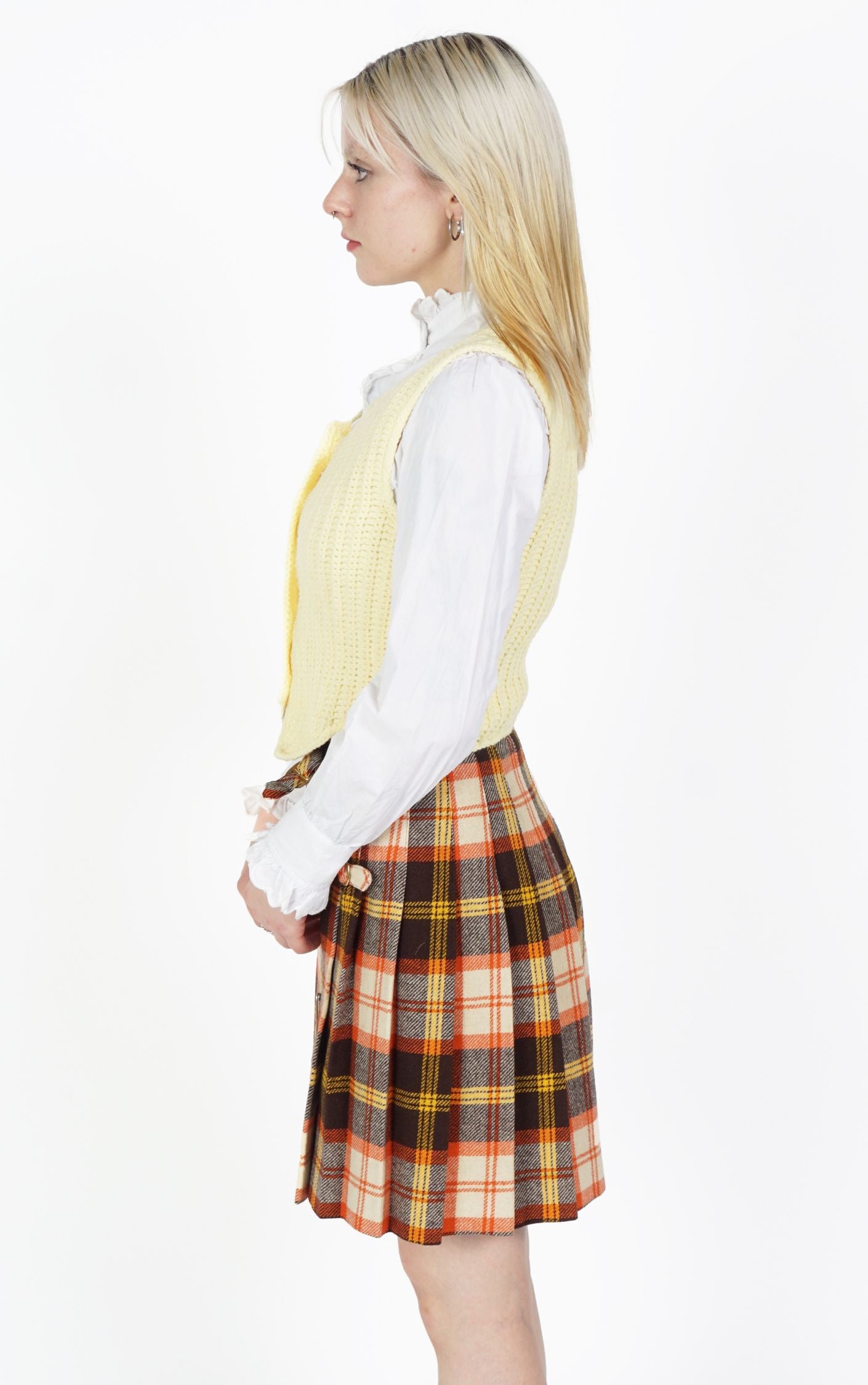 VINTAGE Wool Orange Tartan Plaid Pleated Preppy A-Line Mini Skirt resellum