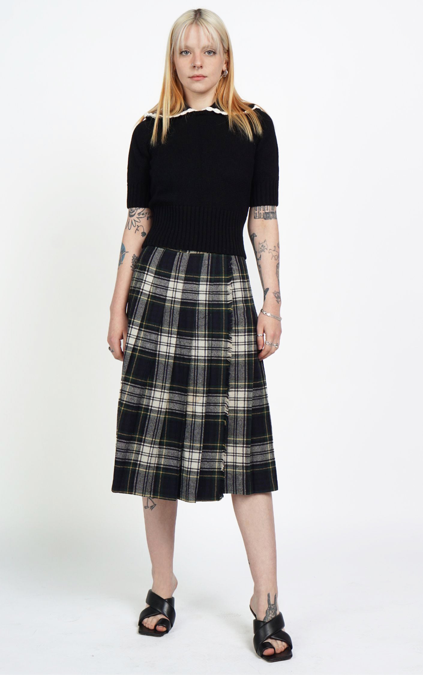 VINTAGE Wool Plaid Tartan Pleated Midi Wrap Skirt resellum