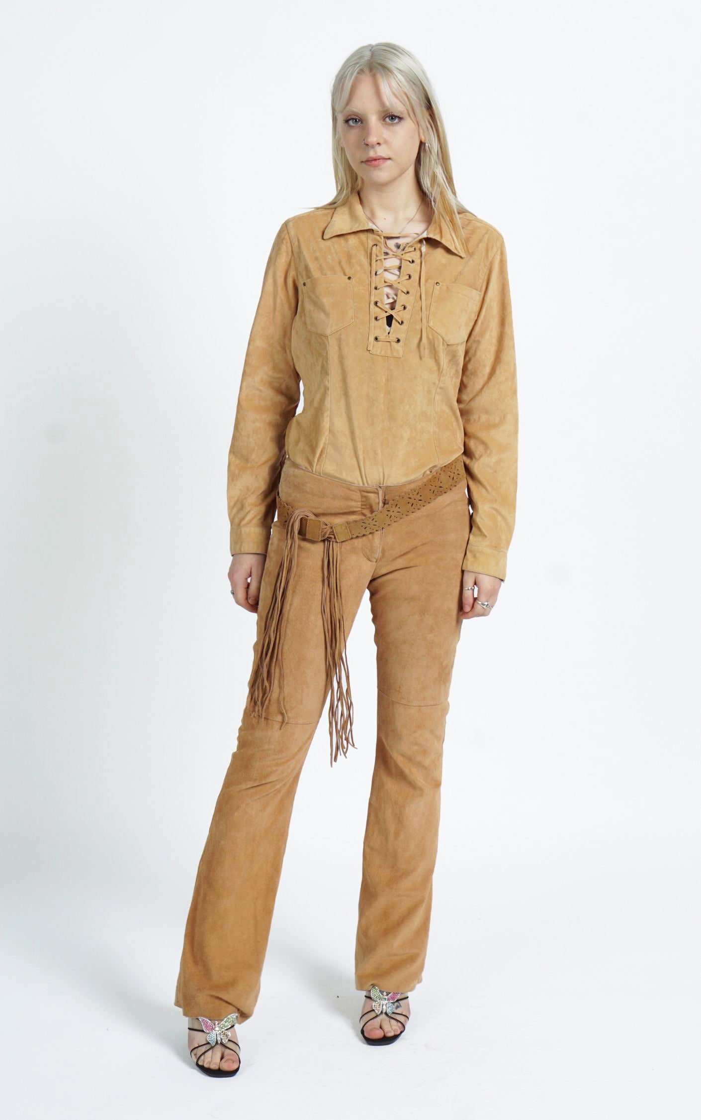 VINTAGE Y2K Brown Leather Flared Boot Cut Belted Pants resellum