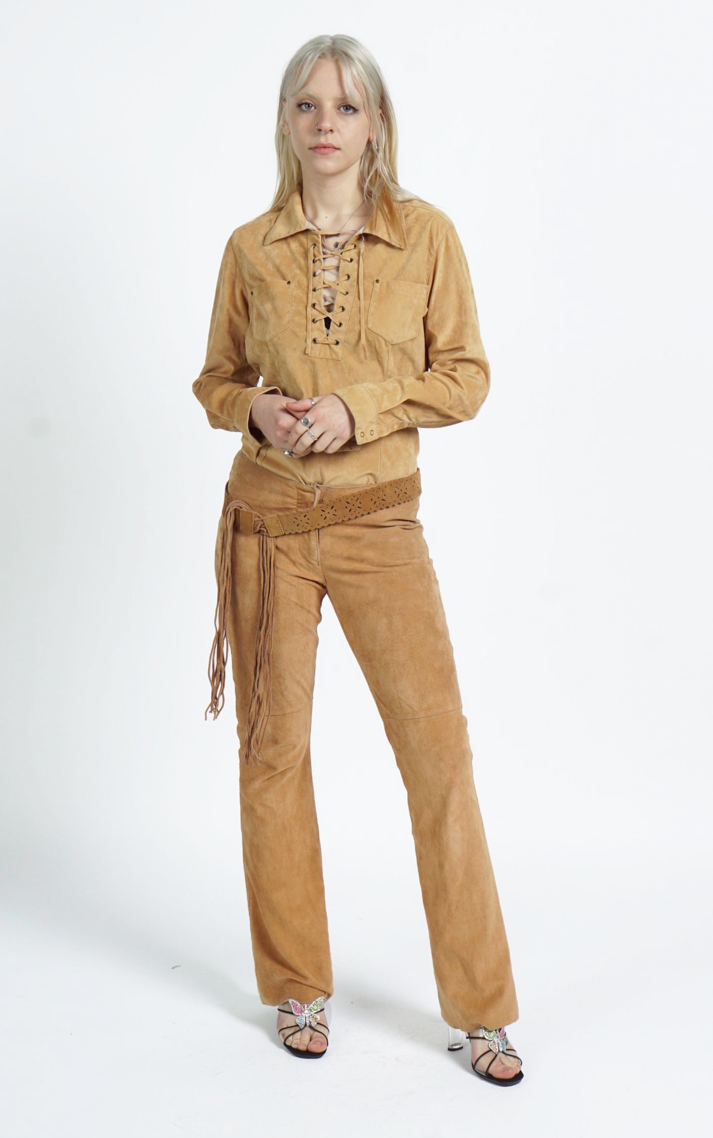 VINTAGE Y2K Brown Leather Flared Boot Cut Belted Pants resellum