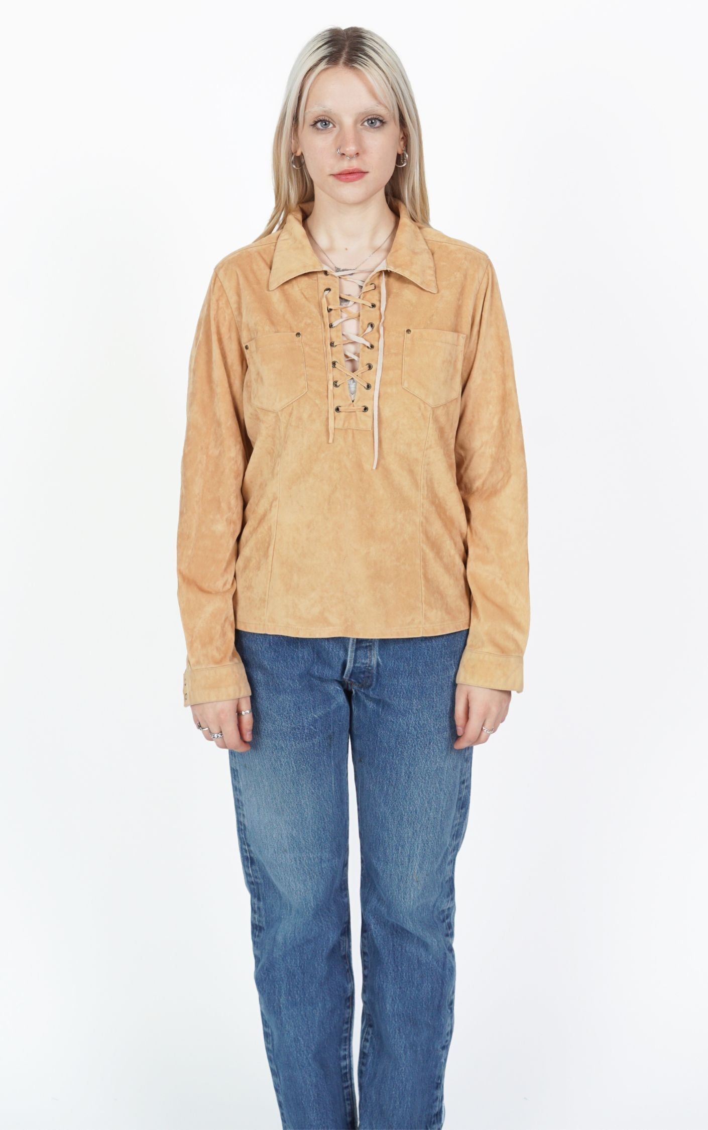 VINTAGE Y2K Lace Up V-Neck Beige Suede Top resellum