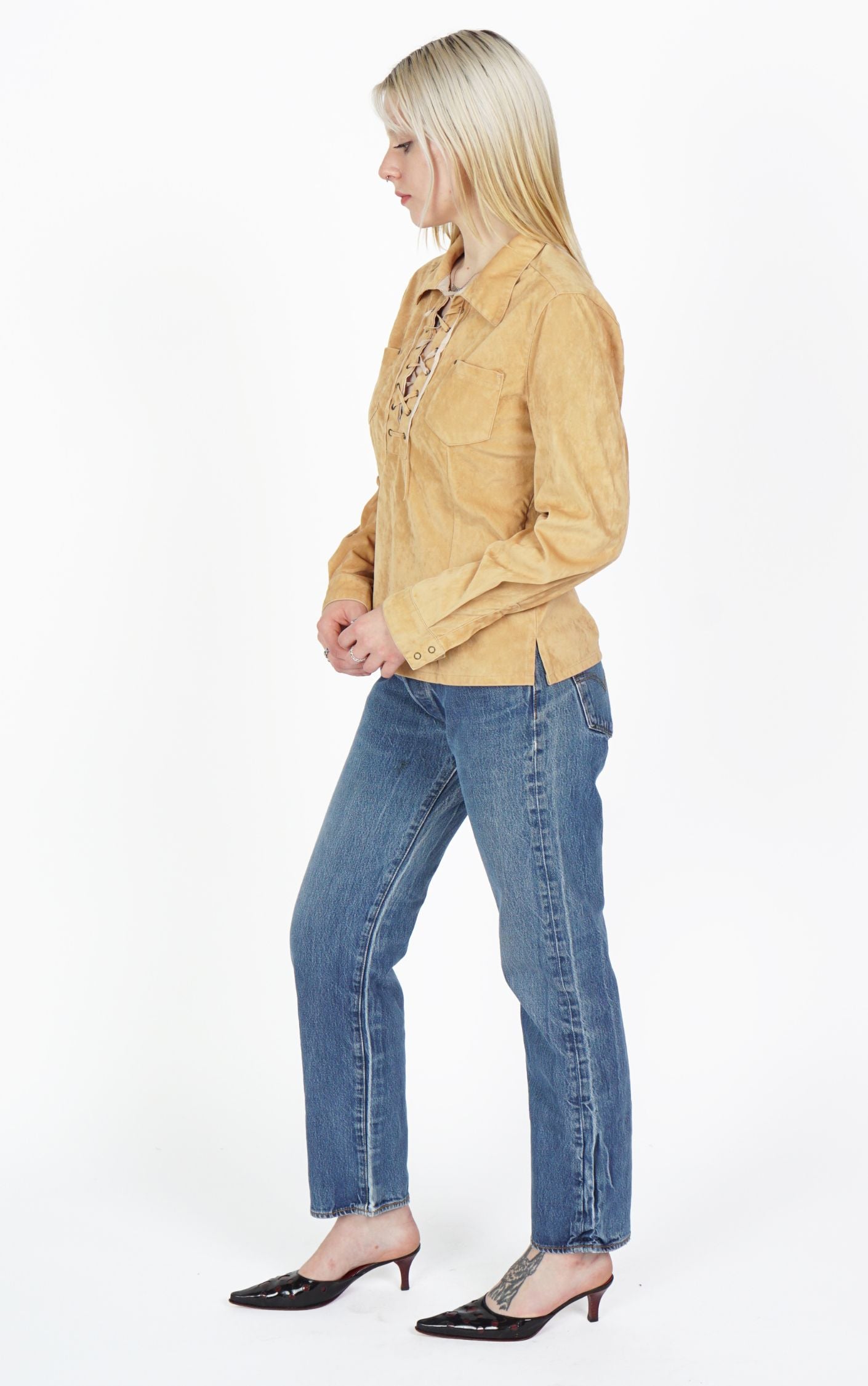 VINTAGE Y2K Lace Up V-Neck Beige Suede Top resellum