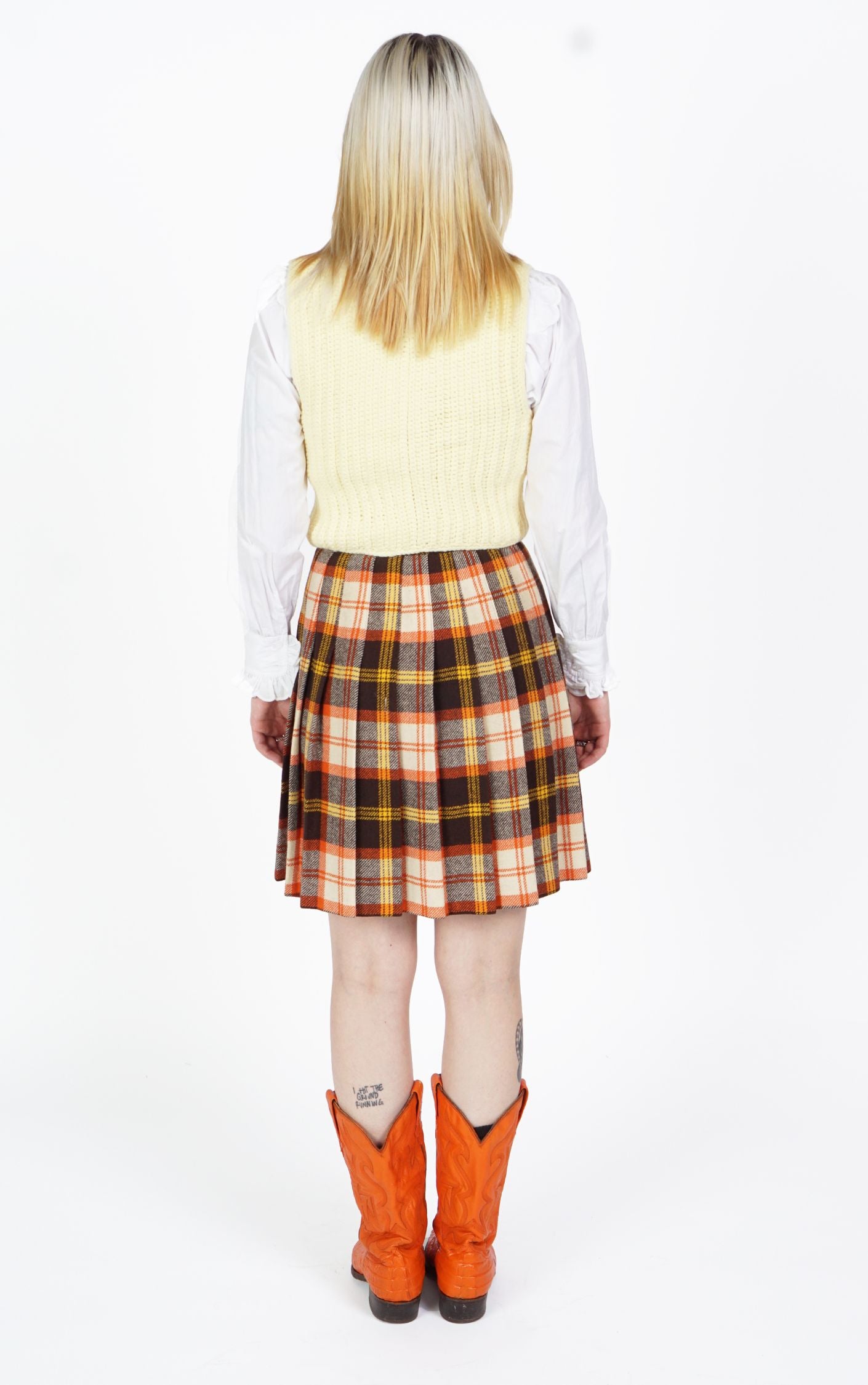 VINTAGE Wool Orange Tartan Plaid Pleated Preppy A-Line Mini Skirt resellum