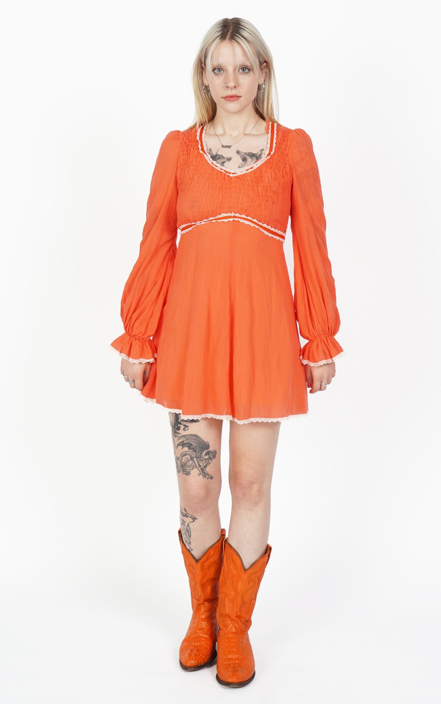 VINTAGE 80s Coral Orange Puff Sleeve A-Line Dress resellum