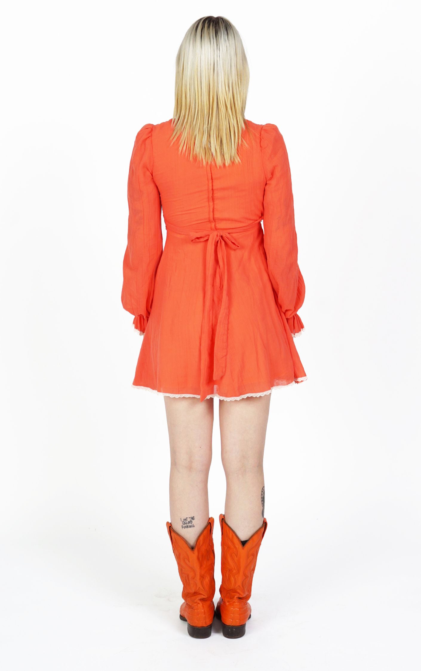 VINTAGE 80s Coral Orange Puff Sleeve A-Line Dress resellum