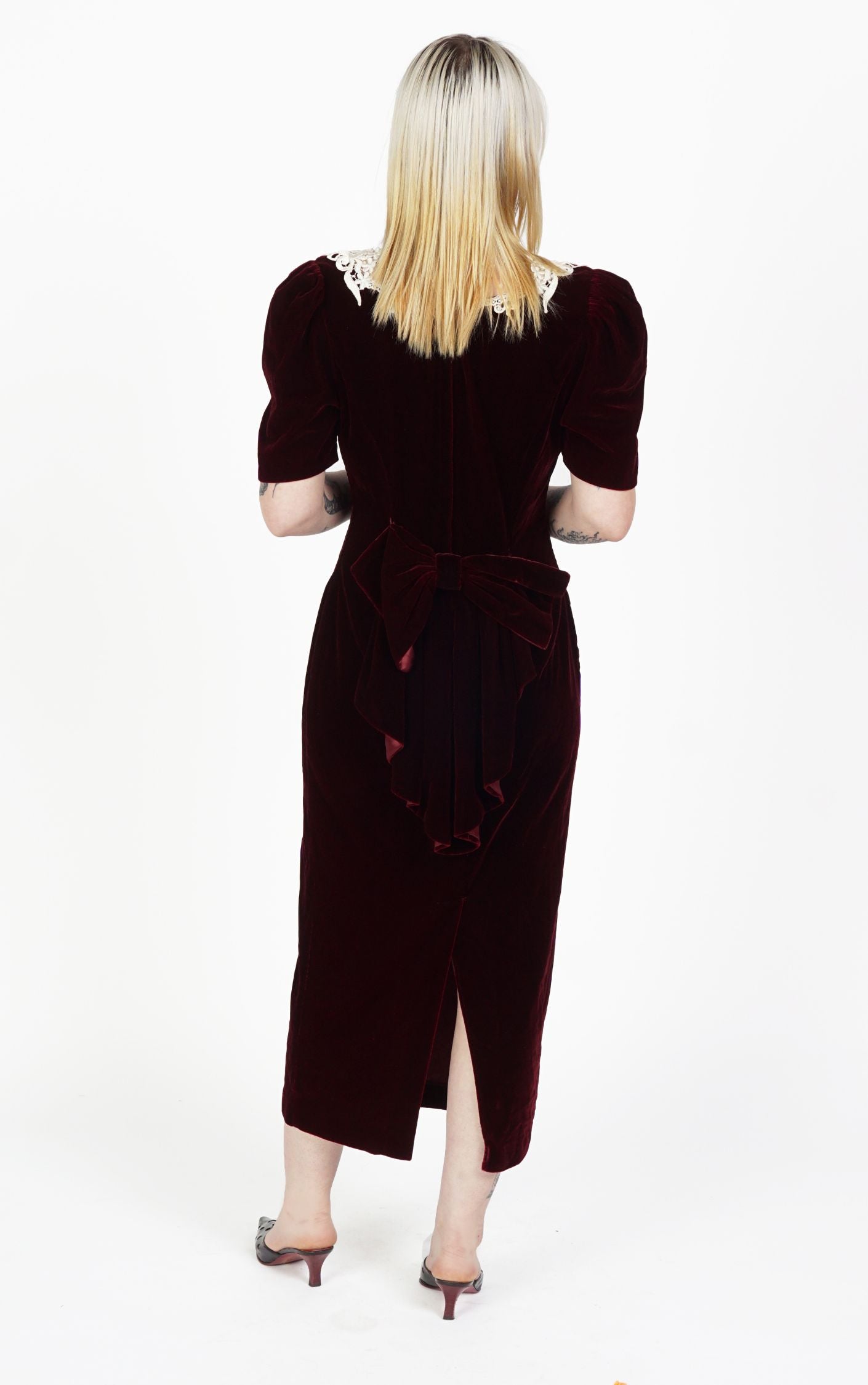 VINTAGE 80s Burgundy Velvet Puff Sleeve Maxi Dress resellum