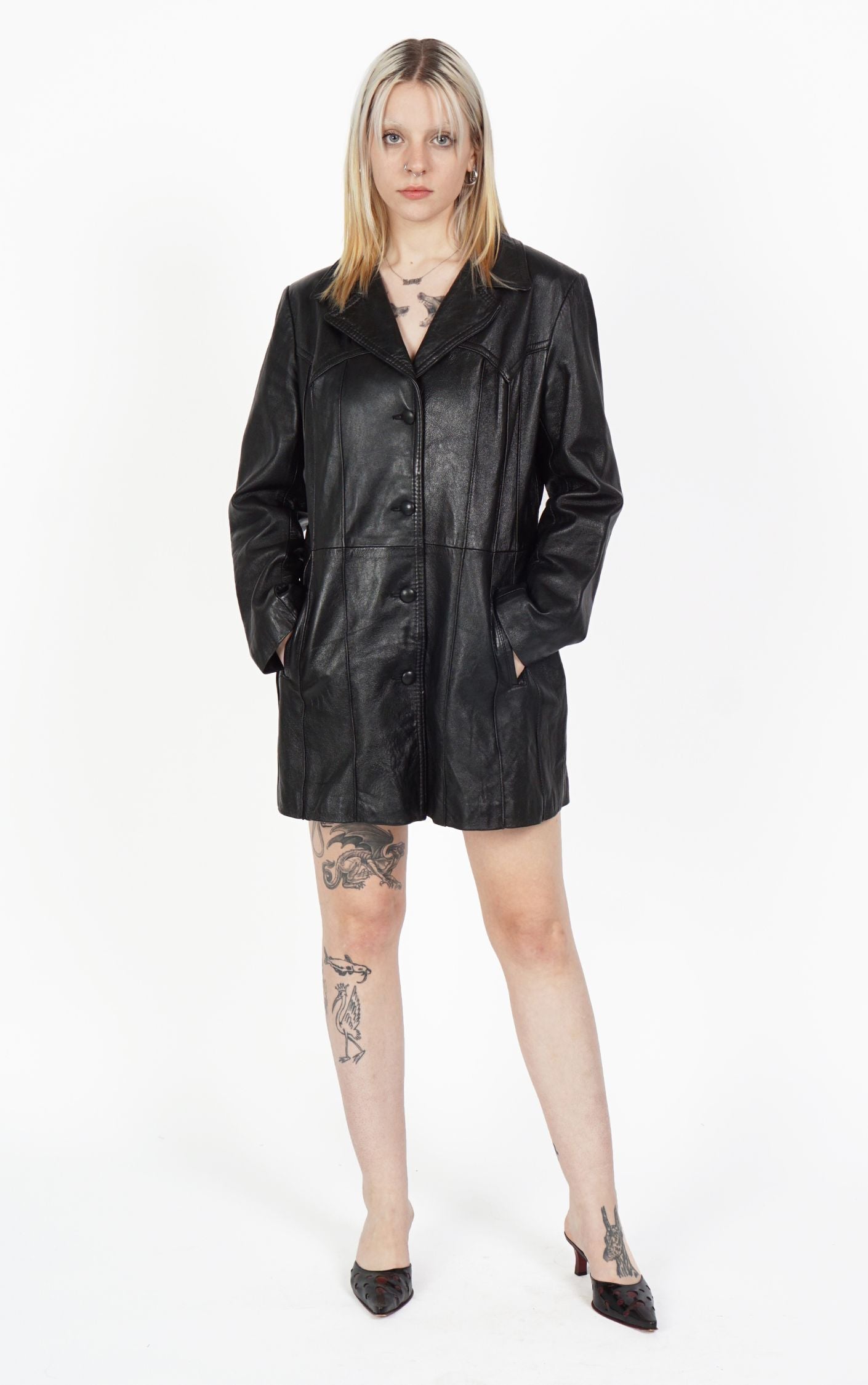 VINTAGE 90s Black Leather Belted Coat Jacket resellum