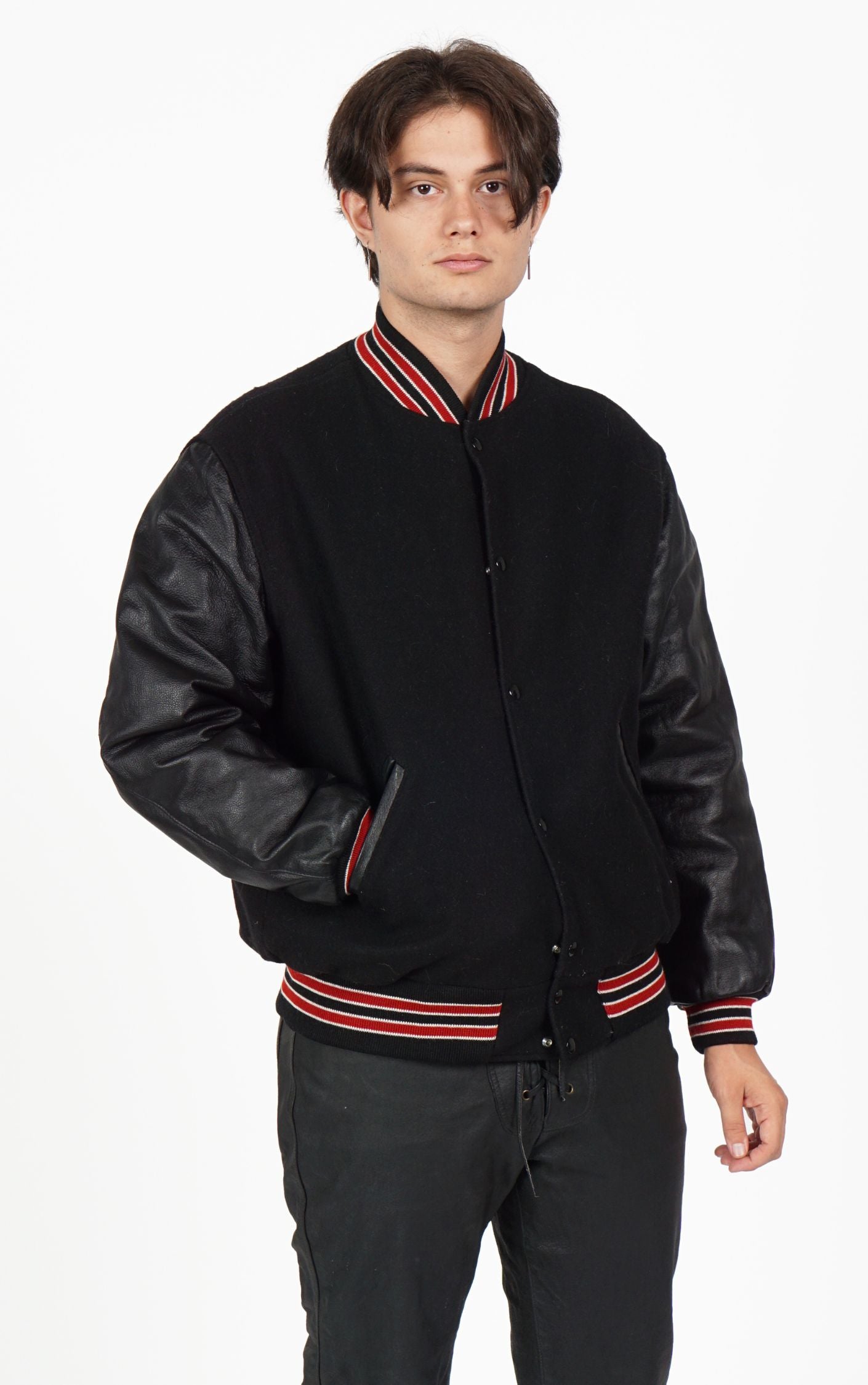 VINTAGE Black Leather Sleeves Bomber Varsity Jacket resellum