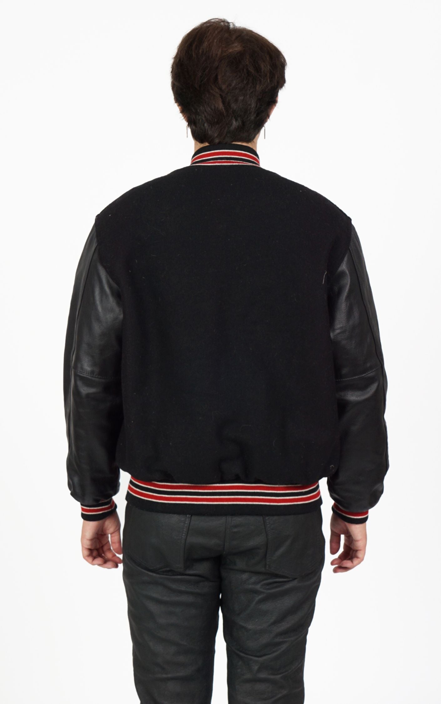 VINTAGE Black Leather Sleeves Bomber Varsity Jacket resellum