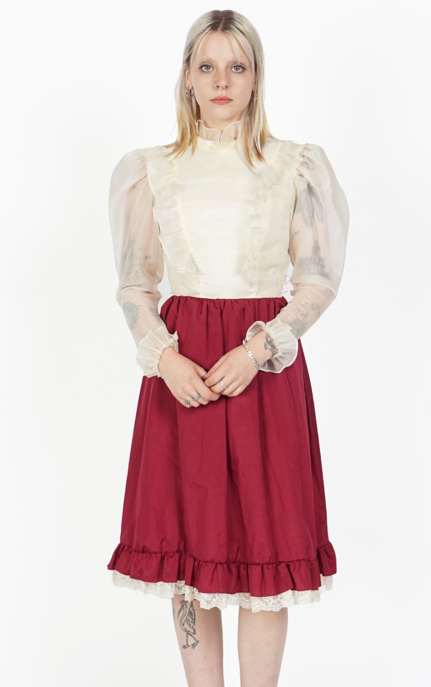 VINTAGE Victorian Burgundy Sheer Puff Sleeve Ruffle Mock Neck Dress resellum