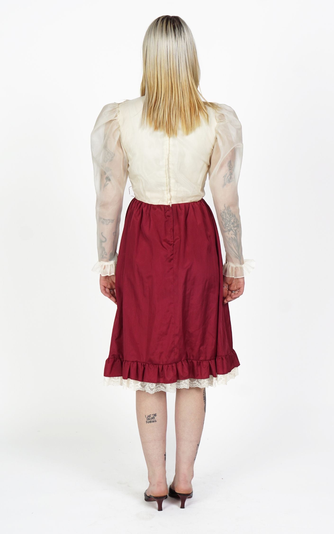 VINTAGE Victorian Burgundy Sheer Puff Sleeve Ruffle Mock Neck Dress resellum