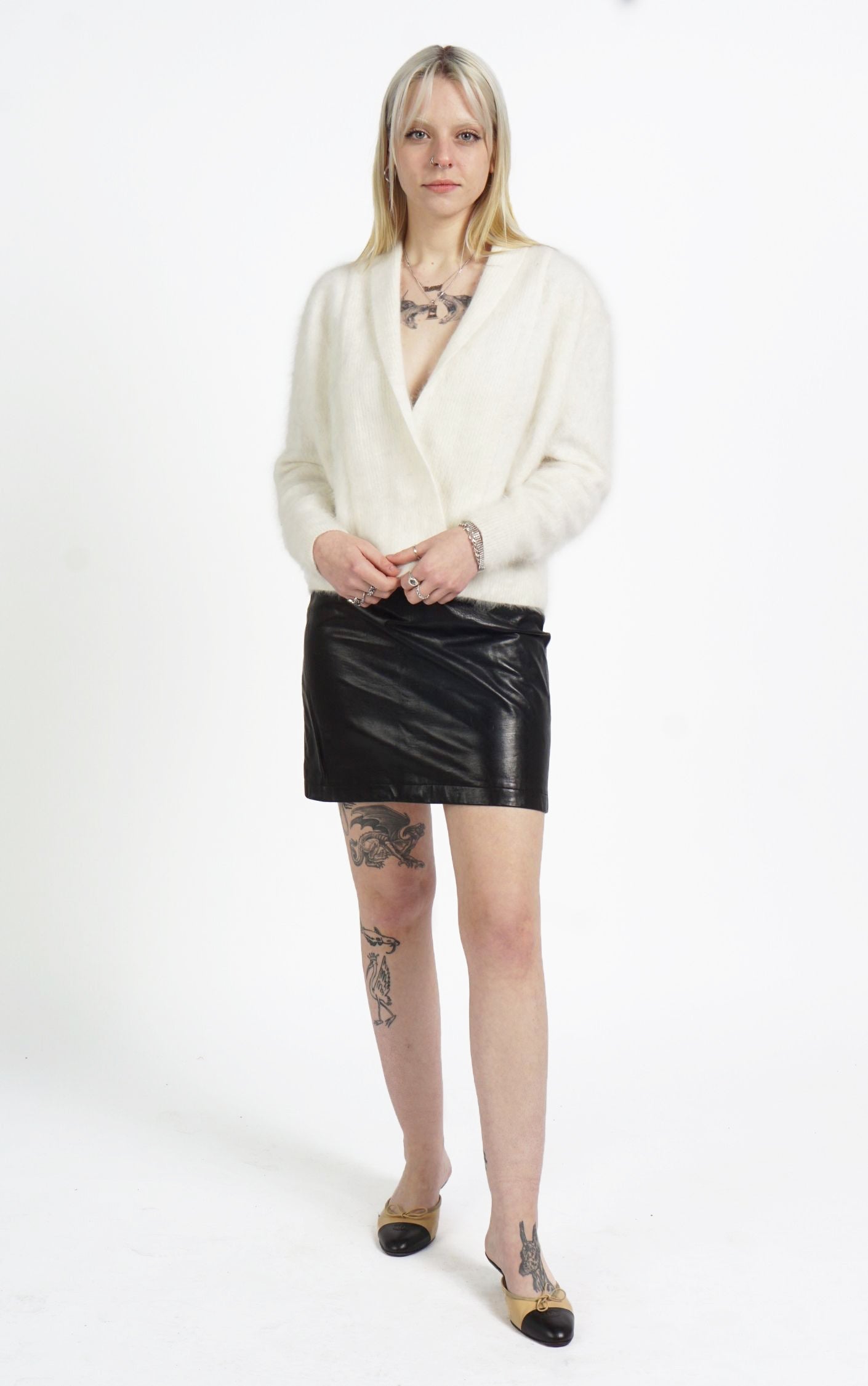 Vintage Angora Mohair White V-Neck Shaggy Double Breasted Sweater resellum