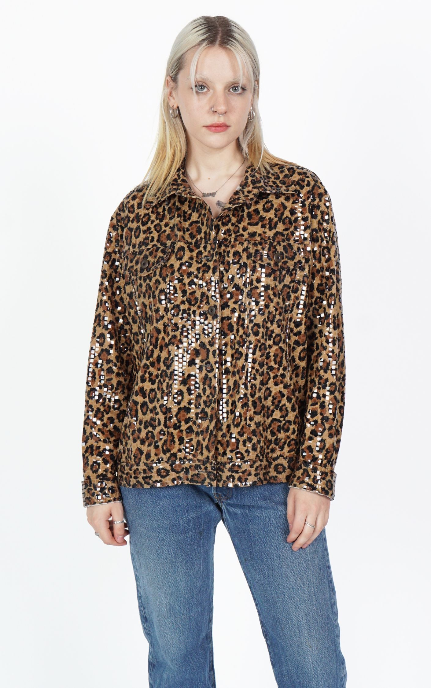 Y2K Cheetah Leopard Animal Print Sequin Pockets Button Down Shirt resellum