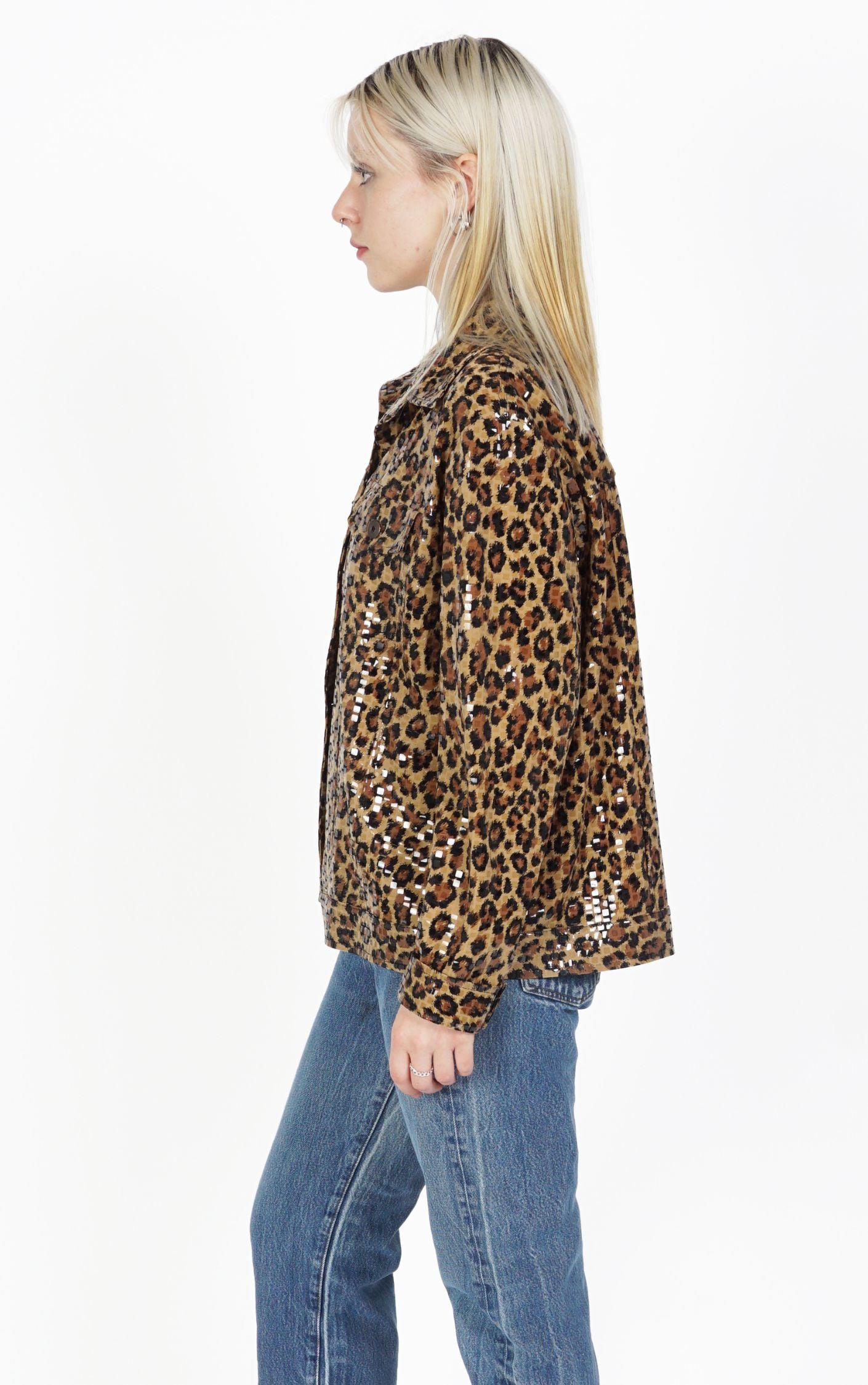 Y2K Cheetah Leopard Animal Print Sequin Pockets Button Down Shirt resellum