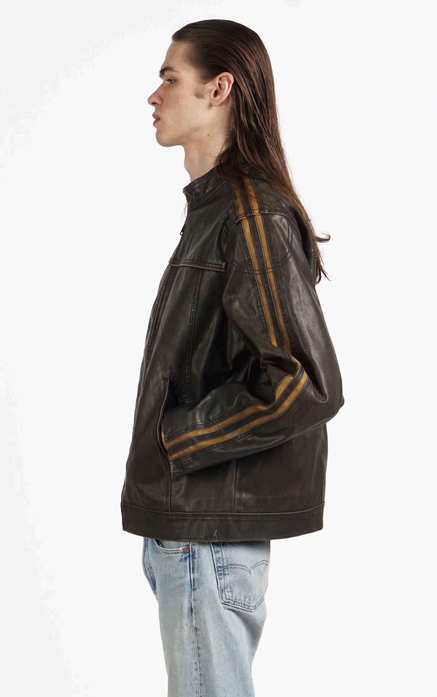 Y2K Brown Faded Leather Motorcycle Grunge Racing Jacket resellum